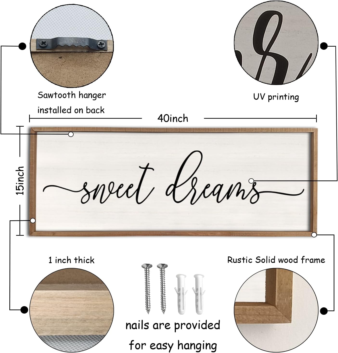 Sweet Dreams Wall Decor Above Bed 40''×15'' Master Bedroom Large Sweet Dreams Sign Farmhouse Wall Decor Guest Room Wood Rustic Framed Over Bed Wall Art Hanging Decoration (Wood White)