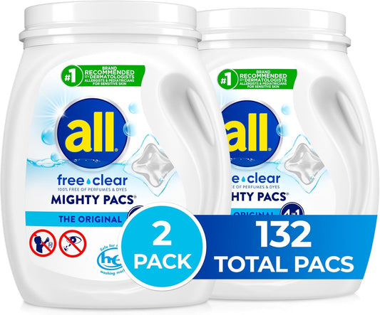 all free clear, Original, MIGHTY PACS Laundry Detergent Pacs for Sensitive Skin, Unscented and Hypoallergenic, 66 Count (Pack of 2)