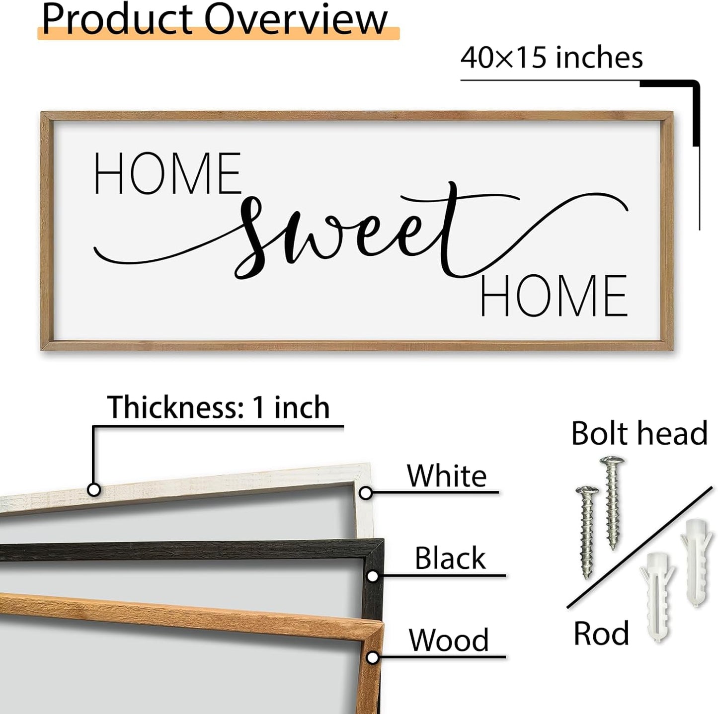 SRSZHIYUE Home Sweet Home Sign 40"x15" for Farmhouse Rustic Large Family Living Room Over Couch Modern Horizontal Wall Decor, Wood Framed Plaques Art Decorative (Wood)