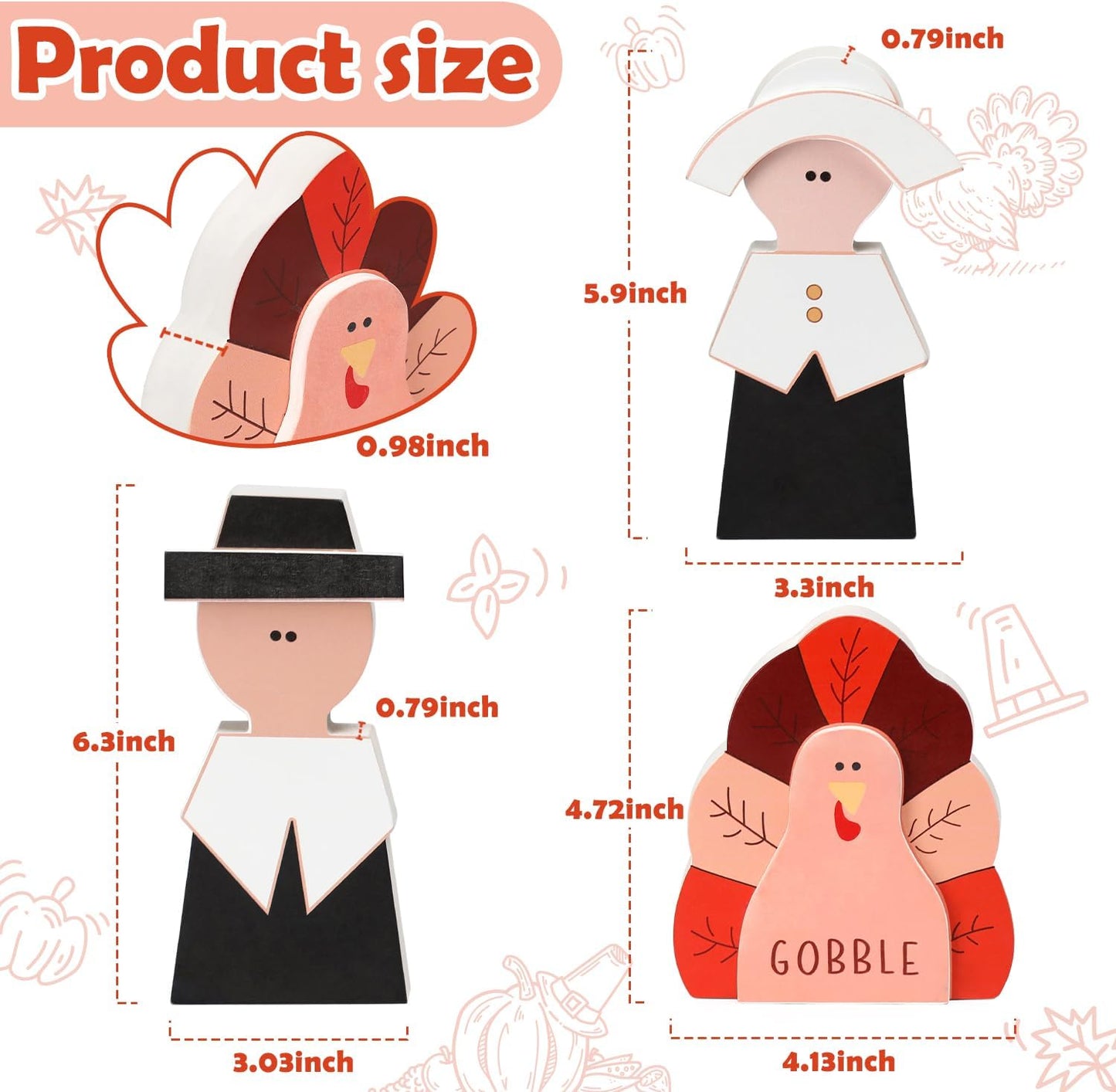 Amorita Fall Thanksgiving Decorations Wooden Turkey Pilgrim Couple Table Sign 3 Pcs Fall Thanksgiving Decor Standing Tabletop Sign Decor for Autumn Harvest - Z