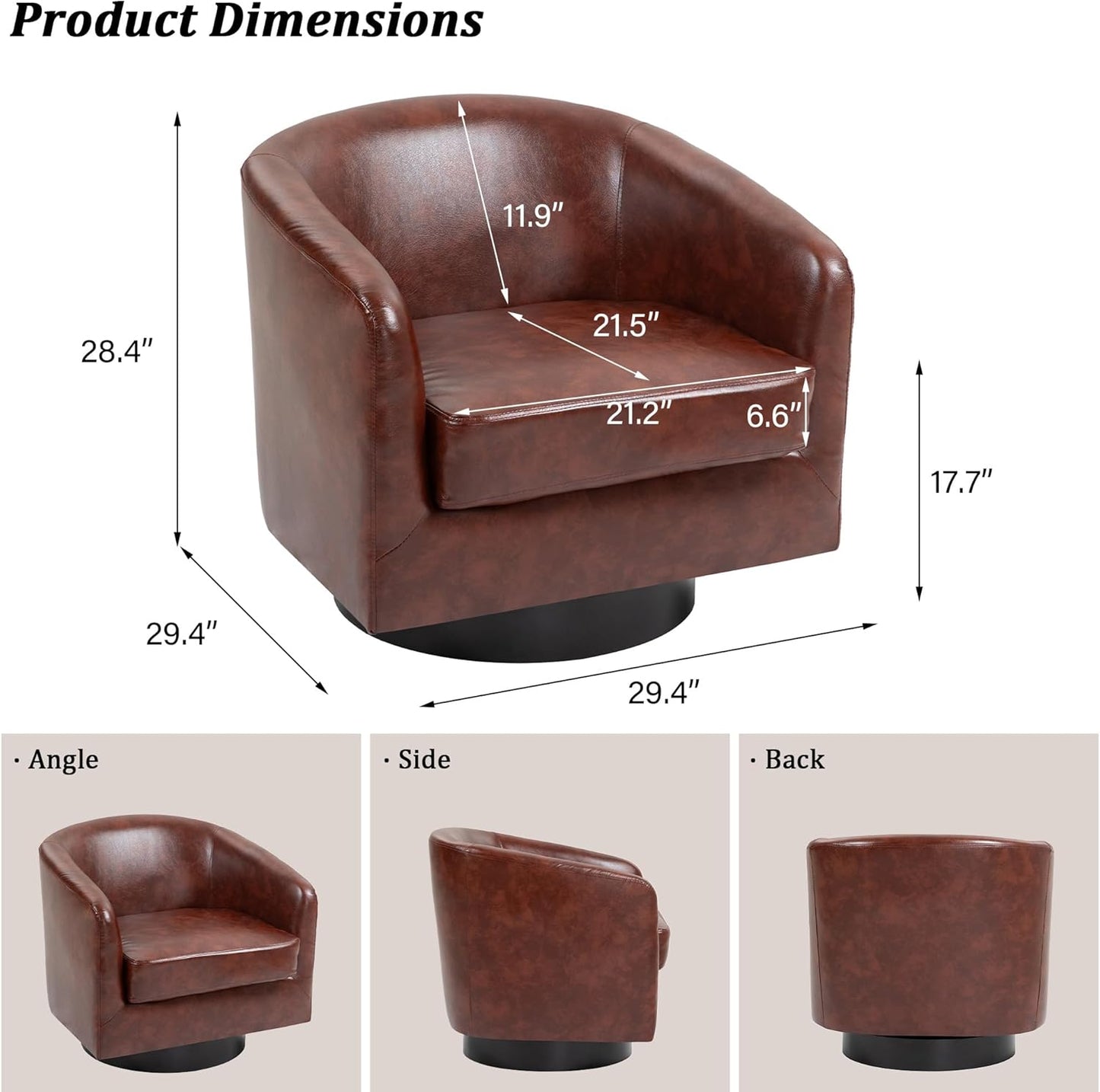 Swivel Barrel Accent Chair, Modern Round Faux Leather Arm Chair for Living Room, Bedroom, Comfy Club Reading Chairs for Adults(Faux Leather, Red Brown, Set of 4)