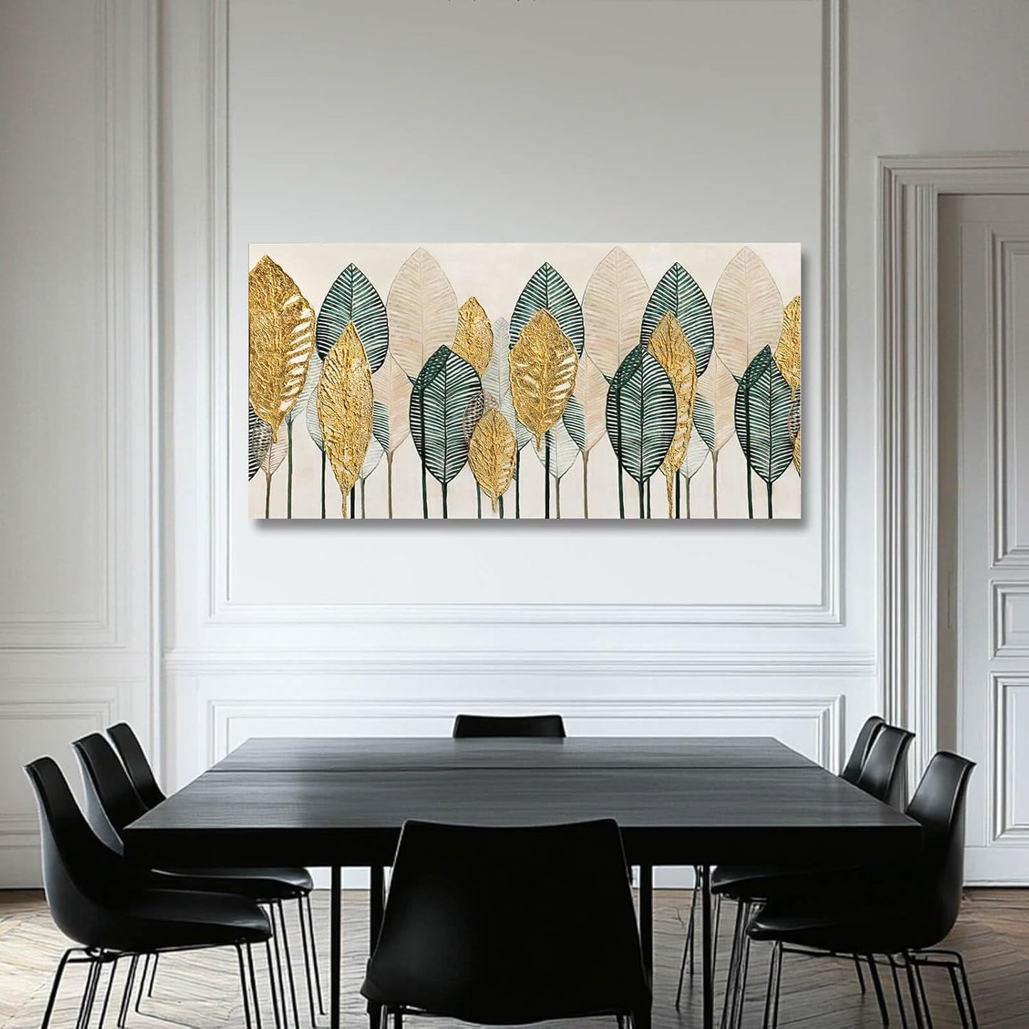 CHUDANHAO Green Wall Art Gold Wall Decor Leaves Prints Pictures Textured Bedroom Decor Line Painting Green Paintings Wall Decorations 24”x48” Artwork for Living Room Dining Room