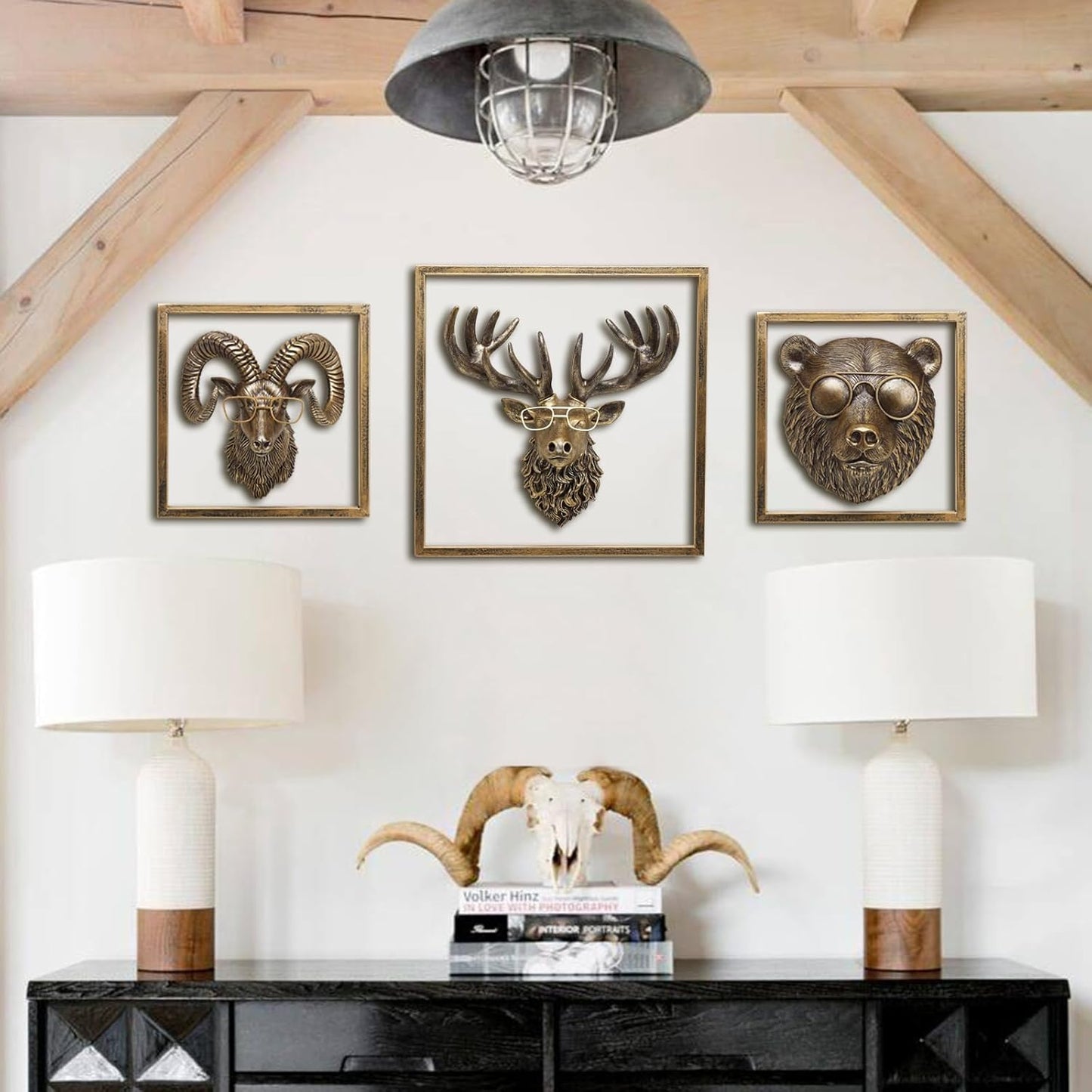 JJALIGHTS Animal Heads Wall Decor Resin Animals Sculptures Head Wall Hanging Decoration Imitation Copper vintage Wall Sculpture for Living Room Bedroom Office(Bighorn,Includes Metal Frame)