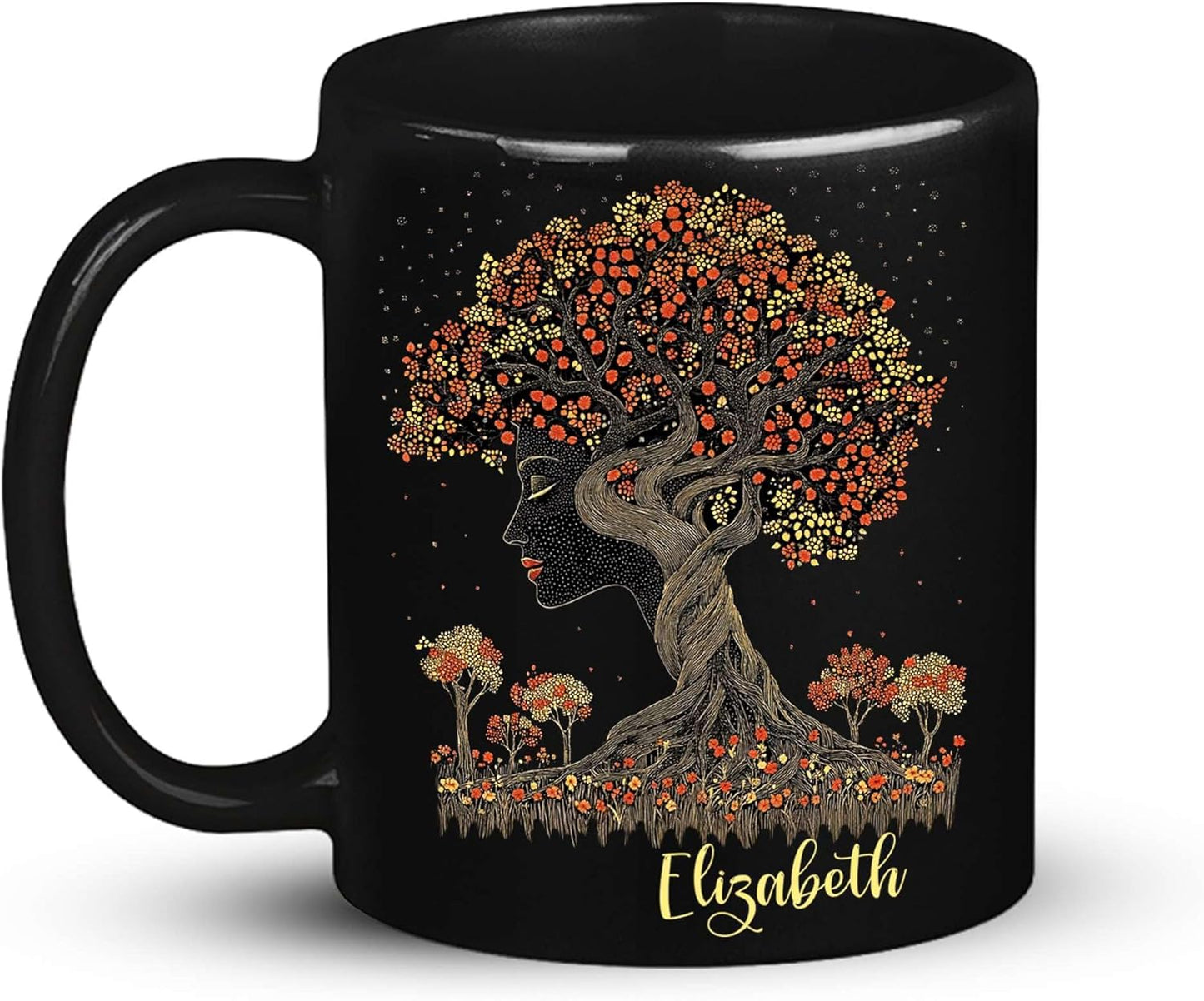 Custom Name Coffee Mug 11oz 15oz, Unique Nature Inspired Coffee Cup for Women, Personalized Vibrant Nature Themed Black Cup, Artistic Tree Ceramic Mug, Gifts for Women's Day