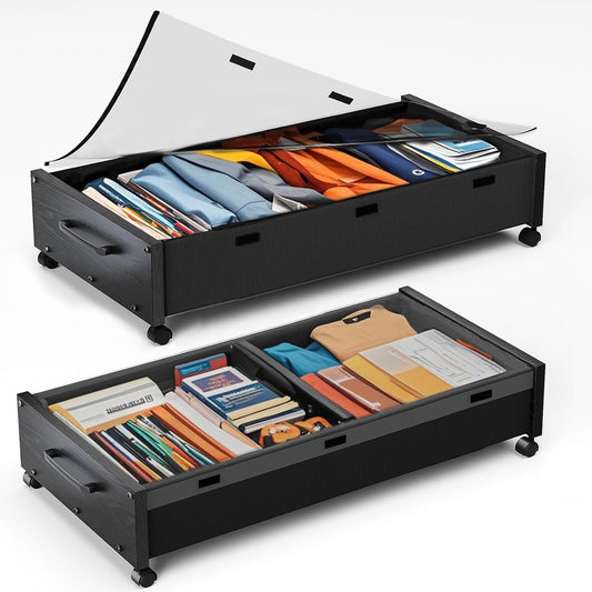 Wooden Under Bed Storage with Wheels, 80L Extra-large Rolling Under the Bed Storage Bins 2 Pack with Removable Lid, Upgrade Metal Under Bed Drawers for Clothes Shoes Blankets in Bedroom