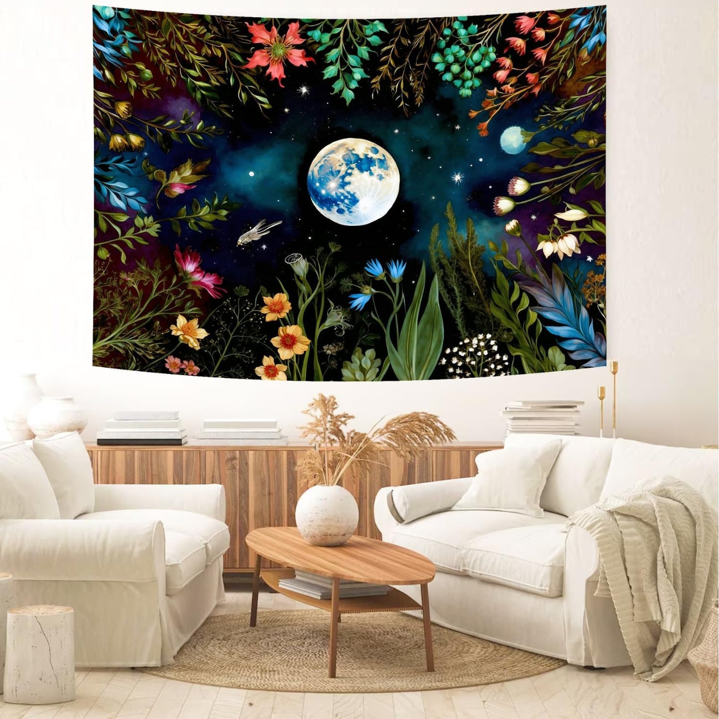 Delur Moonlit Garden Tapestry Boho Moon Floral Plant Tapestry Wall Hanging Colorful Flower Botanical Nature Night Landscape Headboard for Bedroom Living Room Home Decor (59.1" x 78.7")