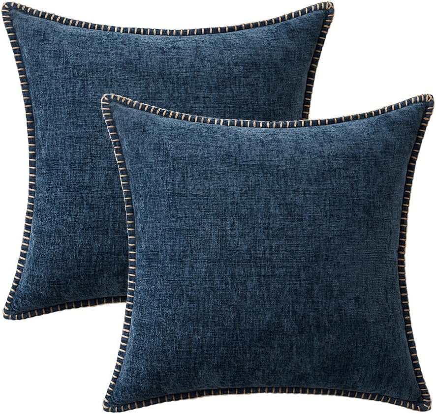 MIULEE Pack of 2 Couch Throw Pillow Covers 20x20 Inch Coastal Navy Blue Farmhouse Decorative Pillow Covers with Stitched Edge Soft Chenille Solid Dyed Spring Pillow Covers for Sofa Bed Living Room