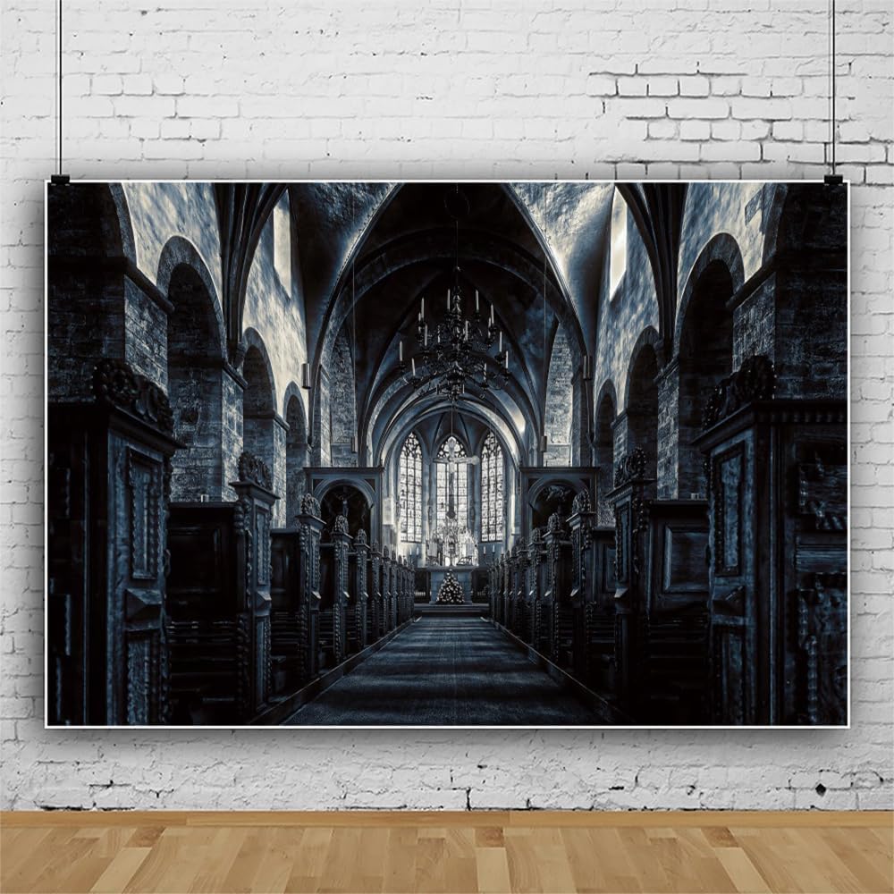 ChloropLastid 8x6ft Scary Church Halloween Backdrop Dark Black Horror Gothic Medieval Castle Interior Photography Background Halloween Night Carnival Theme Party Decor Banner Photo Studio Props