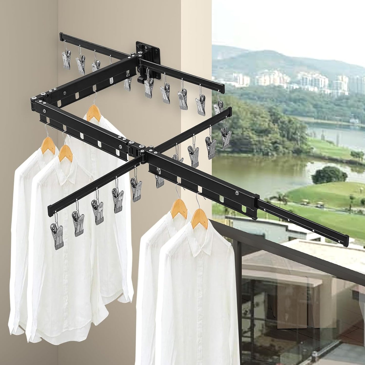 BESy Tri-Fold Foldable Clothes Drying Rack Retractable Hanging Collapsible Dryer Hanger Racks for Laundry Balcony Bathroom Space Saver Outdoor Indoor 20 Clips Aluminum Alloy Wall Mounted Matte Black