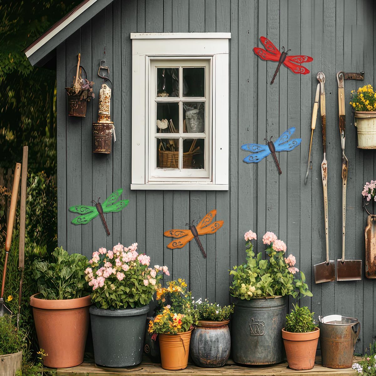 Metal Dragonfly Wall Decor, 4 Pack 14inch Retro Metal Dragonfly Wall Hanging Sculpture Decor for Outdoor, Yard Patio Fence Garden Outside Decorations