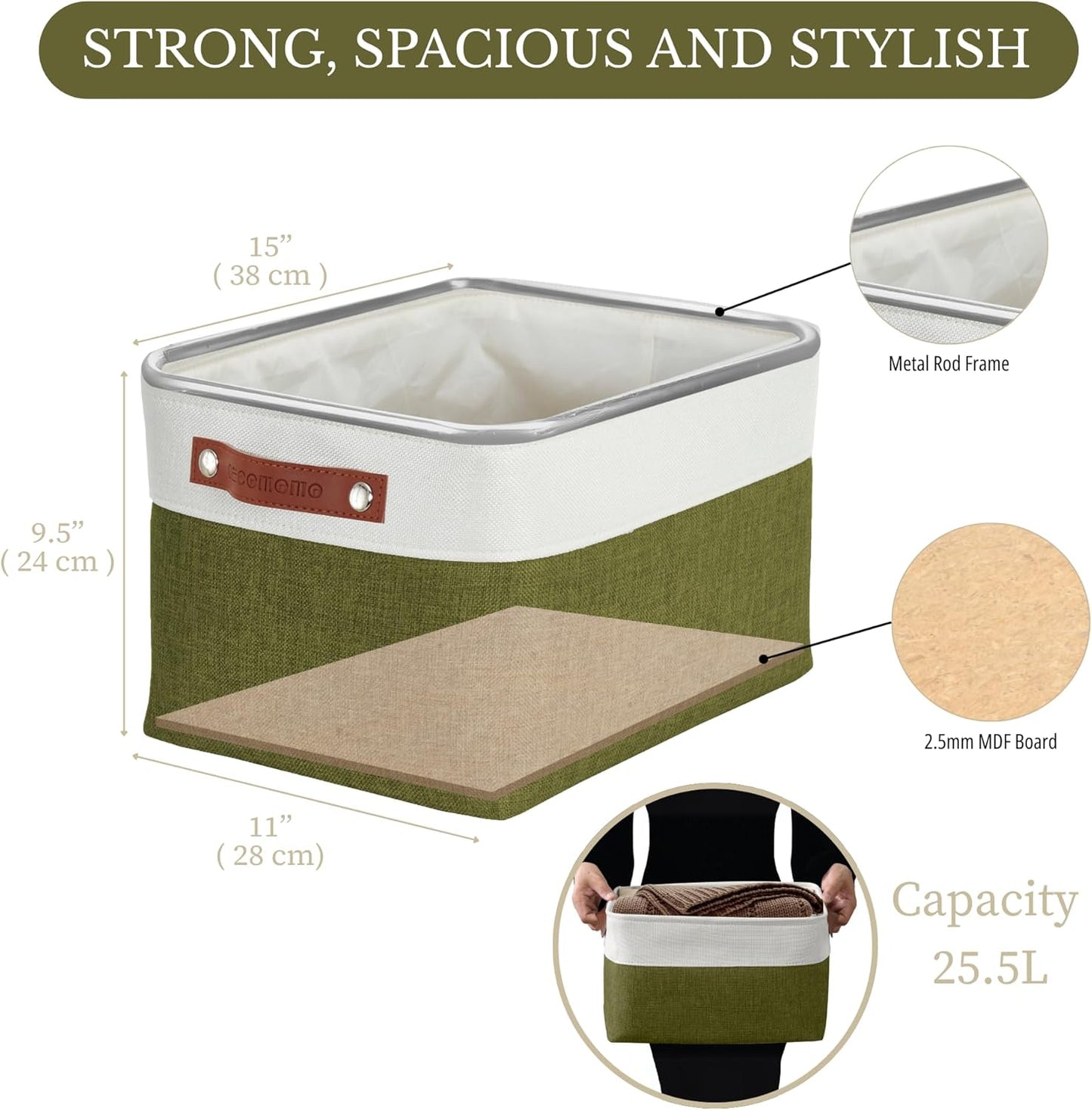 DECOMOMO Storage Bins Fabric Storage Baskets for Shelves, Linen Closet Organization Toys Nursery (Olive Green and White, Large - 3 Pack)