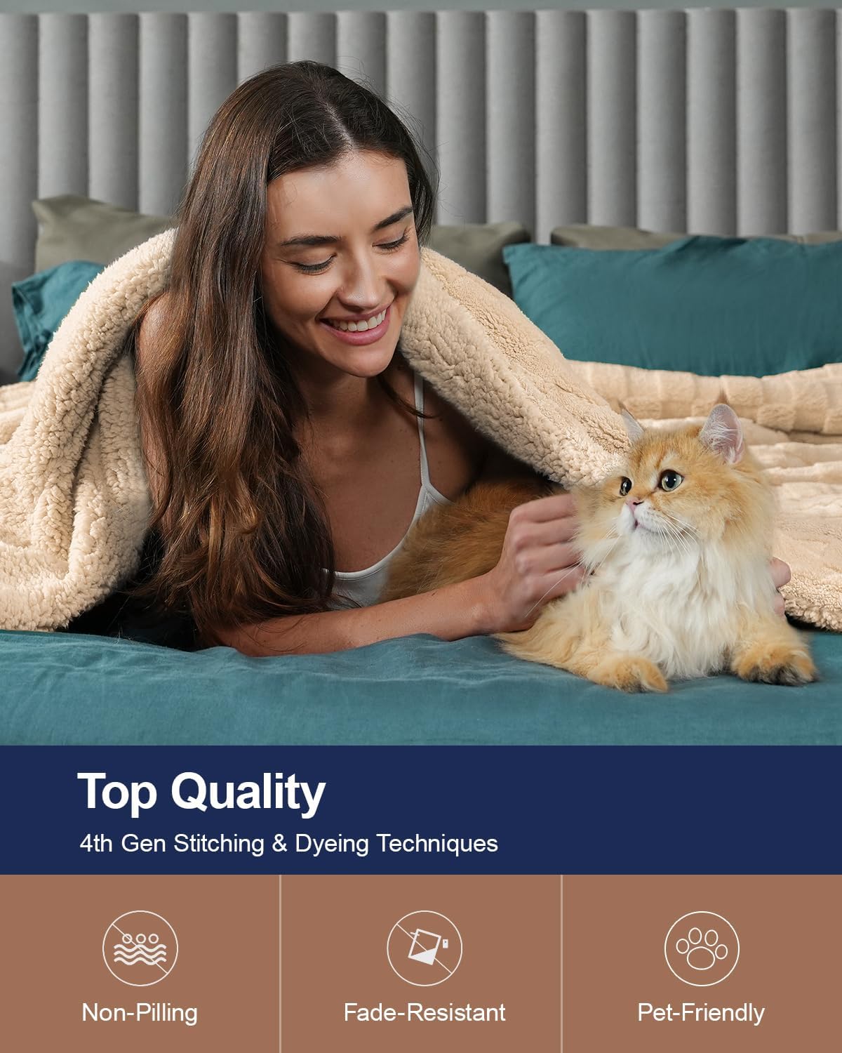 Pawque Super Soft Cozy Throw Blanket Queen Size for Couch Bed, Fluffy Sherpa Fleece Reversible Thick Warm Fuzzy Blanket for All-Season, 3D Checkered Jacquard Decorative Blankets, Khaki, 90"x90"