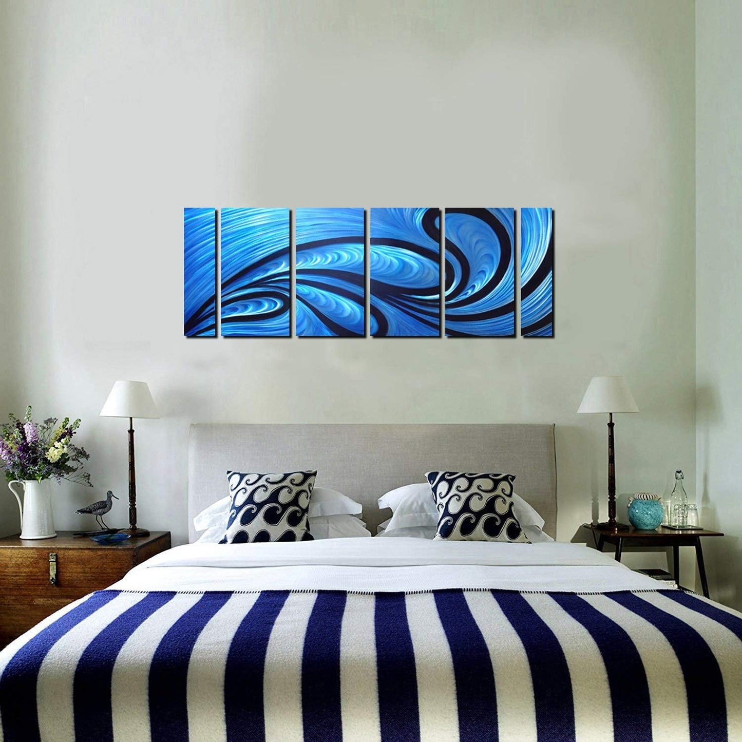 Unique Metal Wall Sculpture, Metal Wall Art with proud as a peacock design, Abstract Blue and Black Modern and Contemporary Décor, Aluminum Artwork, Indoor and Outdoor decoration, 6 panels 64"Wx24"H