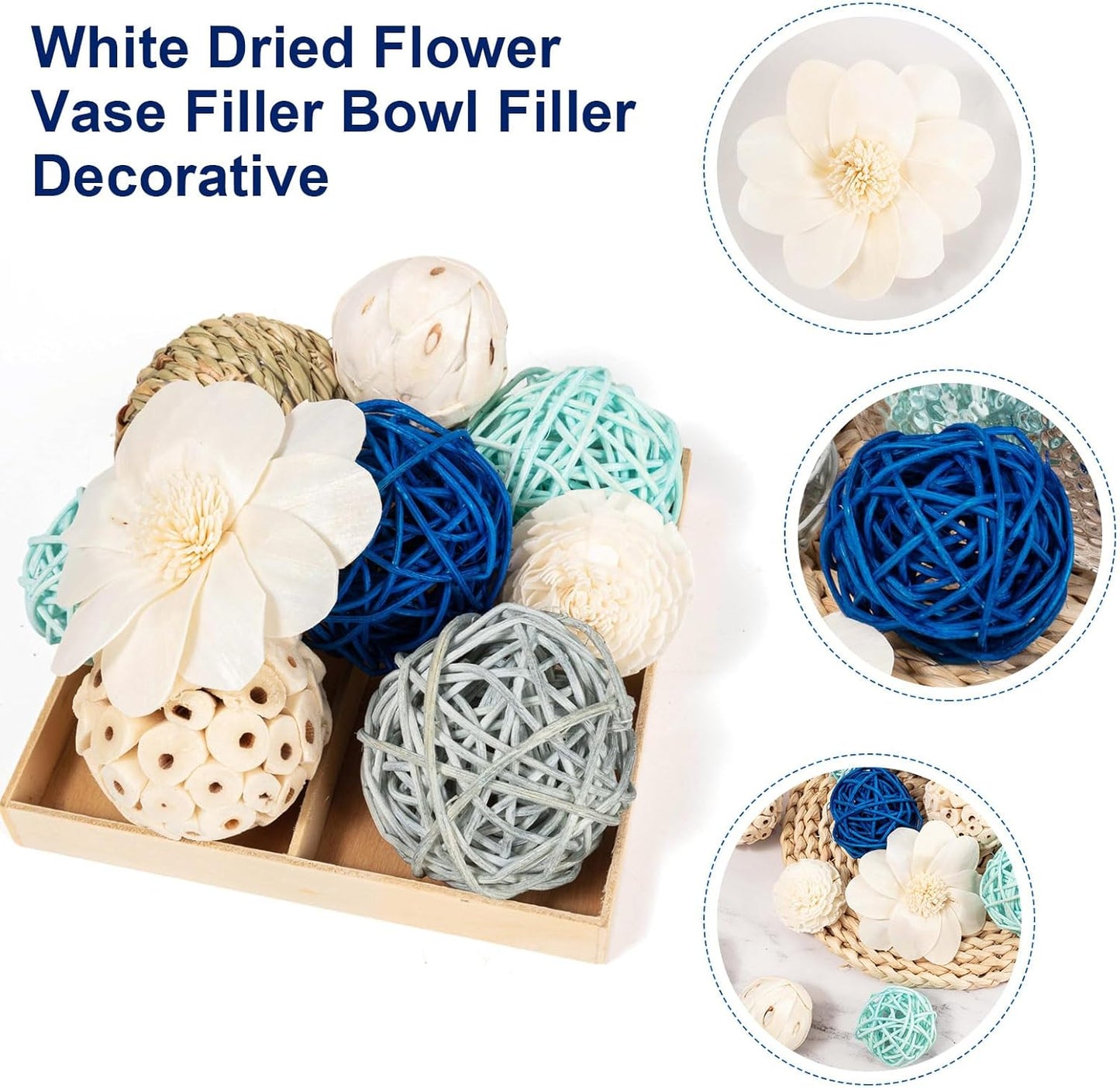 15Pcs Blue and White Decorative Balls for Potpourri Bowl Filler, Bowl Filler for Table Centerpiece Home Decor, Woven Rattan Wicker Balls, Rattan Wicker Orbs Fillers for Vase Jar Dough Bowl