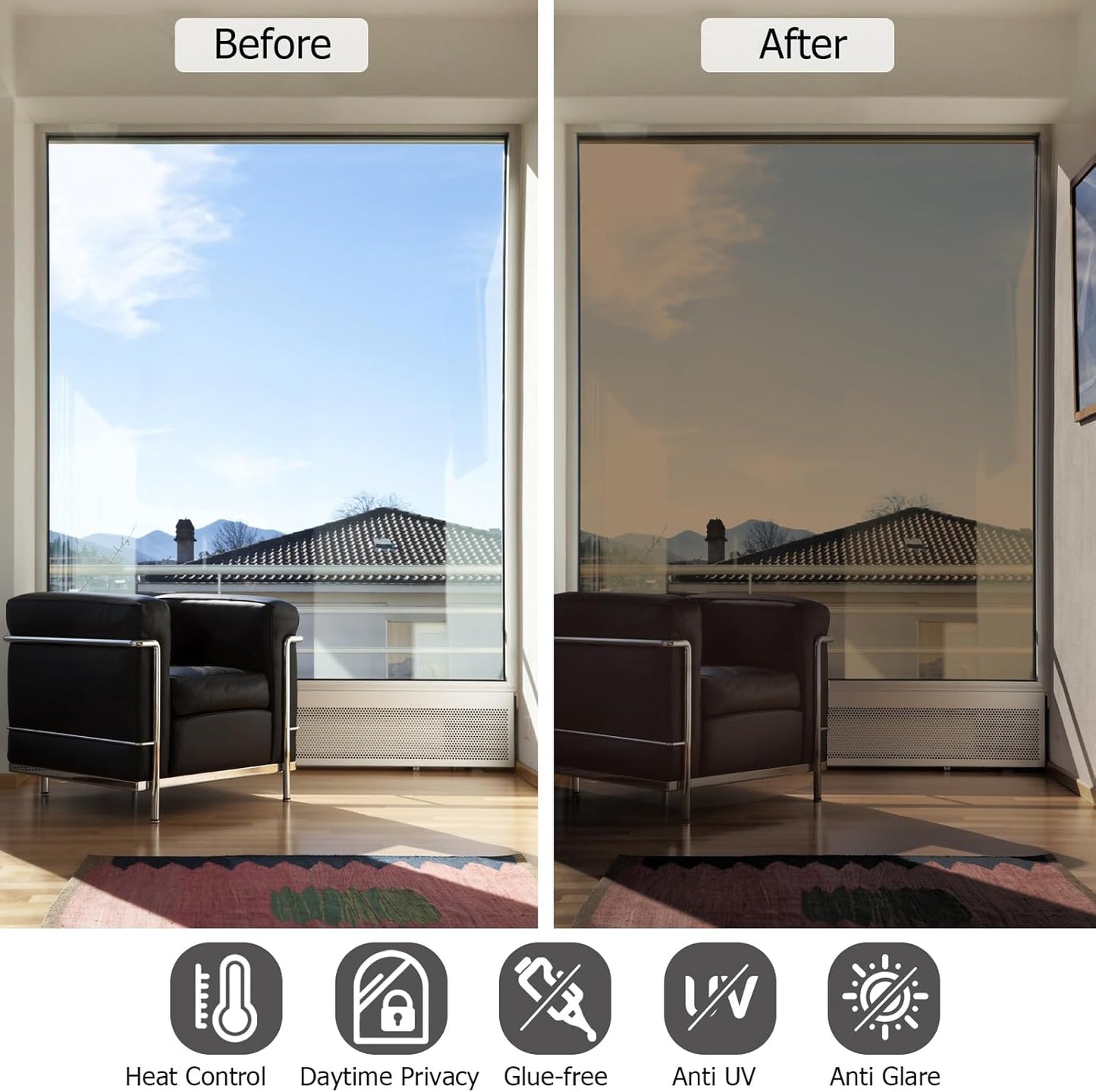 HIDBEA One Way Mirror Window Film, Daytime Privacy Sun Blocking Reflective Window Film Static Cling Heat Control Window Tinting Film for Home and Office, Brown Silver, 17.5 x 78.7 Inch