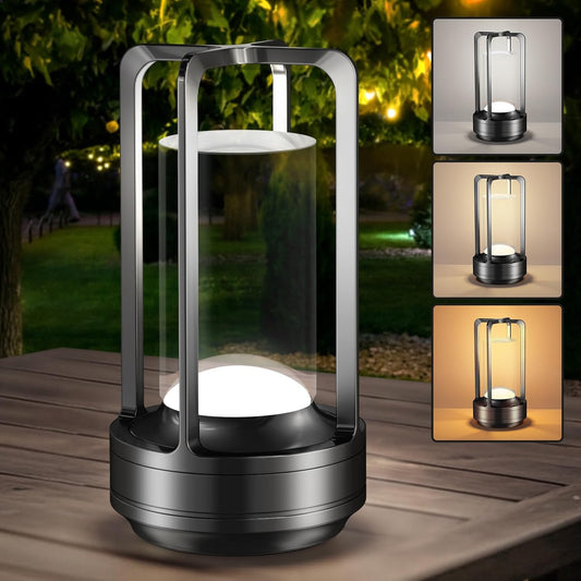 Portable Table Lamp for Outdoor Indoor: Cordless Rechargeable Desk Lamp with 3 Color Stepless Dimmable - Metal Battery Operated Small Lantern Light for Restaurant/Bedroom/Bar/Coffee Shop/Camping
