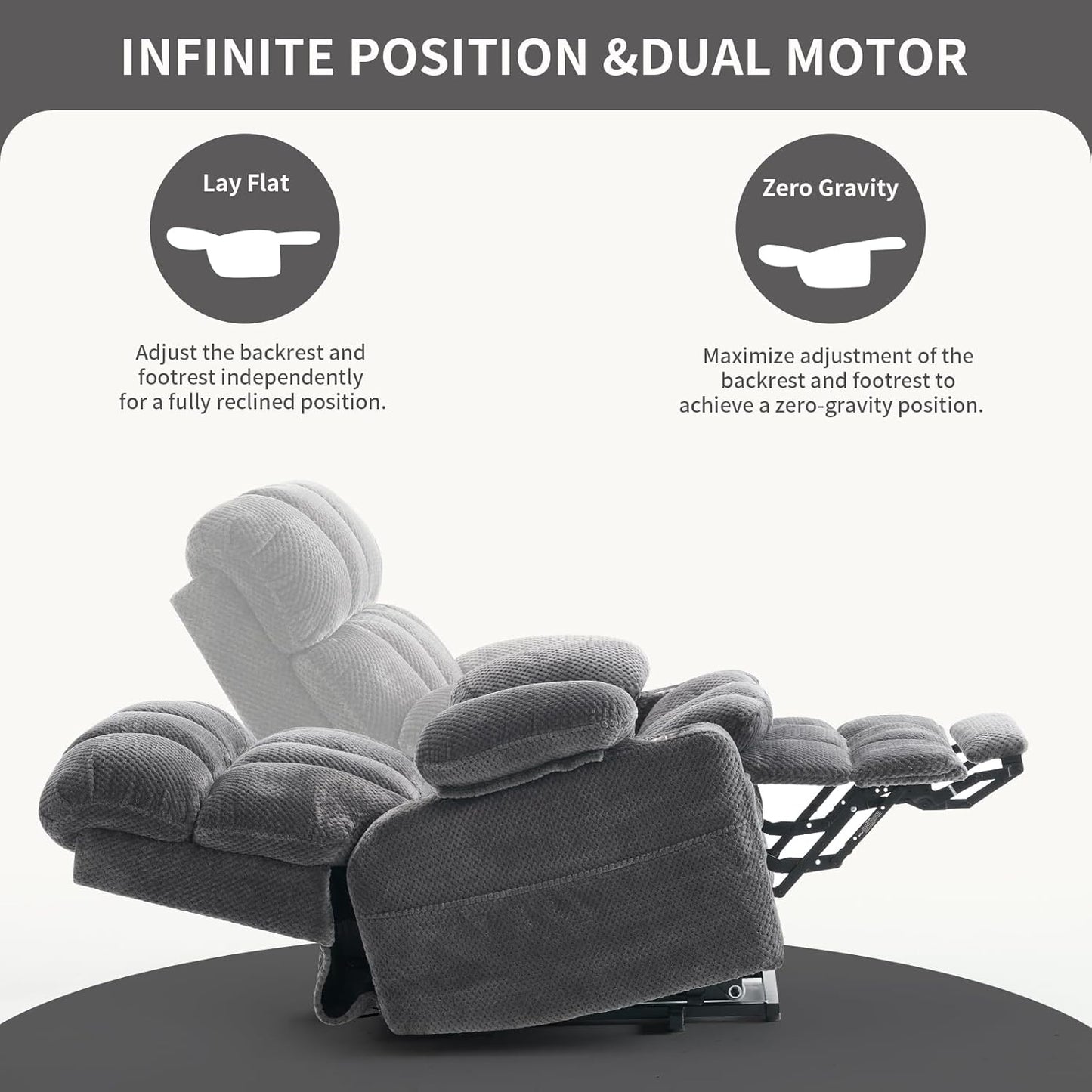 Dual Motor Power Lift Recliner Chair for Elderly,Electric Lift Chair with Adjustable Headrest, Heat and Massage,Lay Flat Recliner with Cup Holders,USB Ports,Type C,Zero Gravity, Grey
