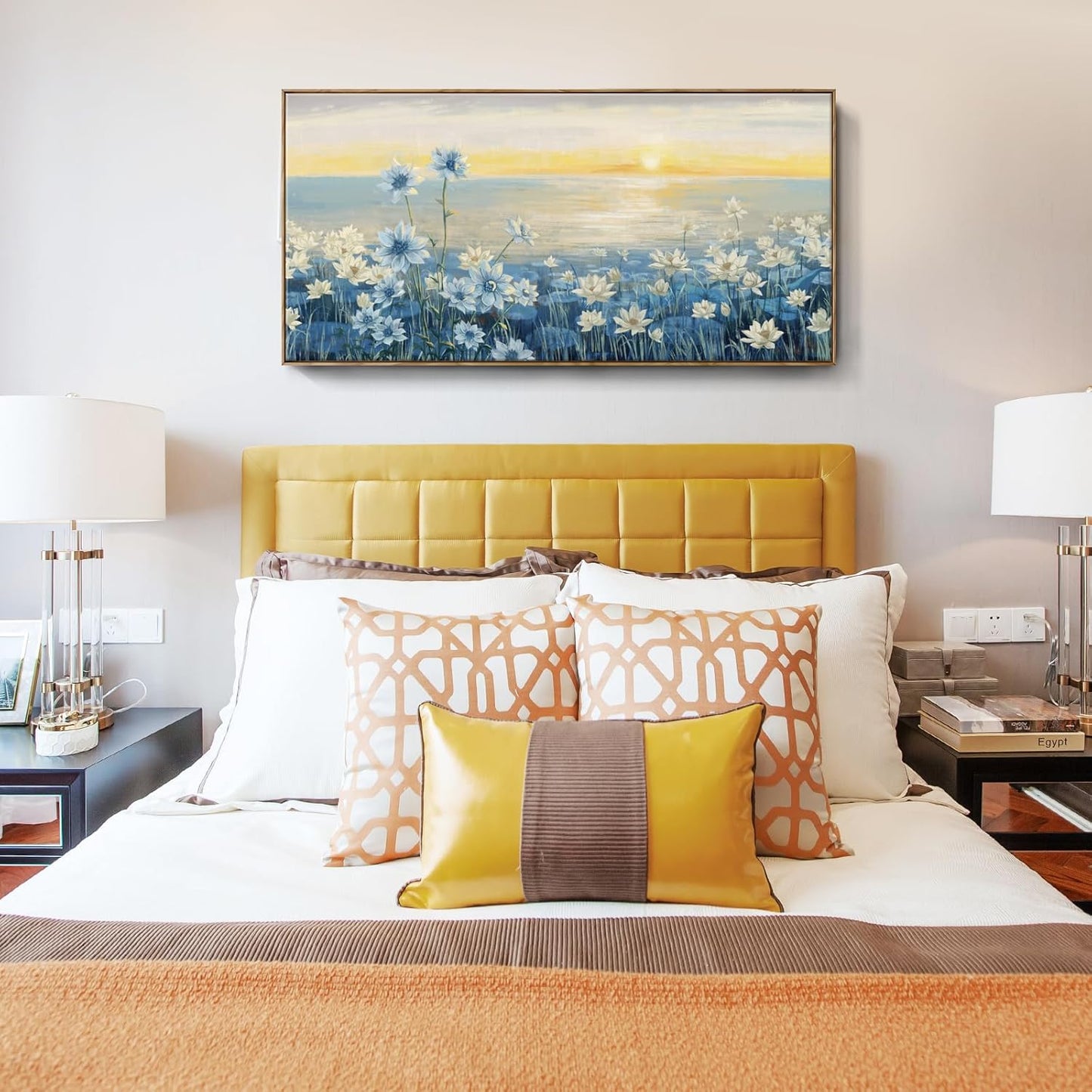 Large Wall Art for Living Room Modern Framed Coastal Beachy Canvas Wall Art Big Floral Sunrise Blue Wall Picture Oversized Lake Nature Sunset Artwork for Office Bedroom Decor