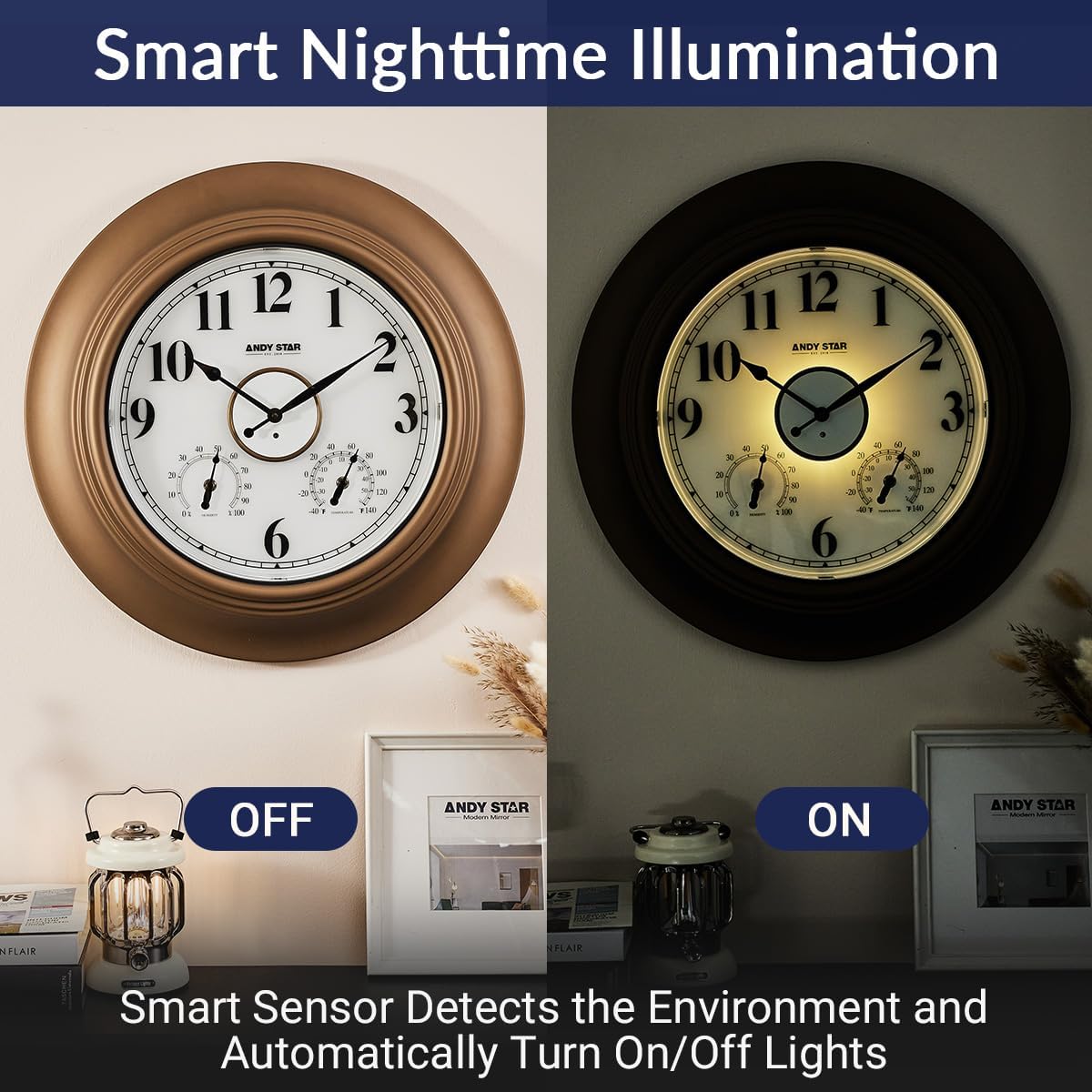 Andy Star 21 Inch Large Luminous Outdoor Wall Clock Waterproof with Temperature, Vintage Round Wall Clocks Battery, Oversized Pool Clock for Garden Patio Rustic Bronze Finish Silent Non Ticking Clock