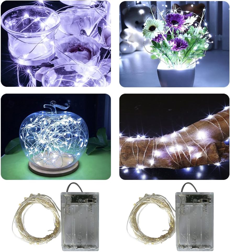 2 x20LEDs Fairy Lights Battery Operated, Silver Wire 2 Mode Chains String Lights for Bedroom Christmas Party Decoration (Cool White, 6.6)