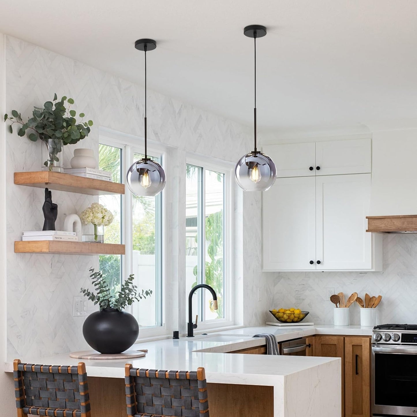 KCO Lighting Modern Black Globe Pendant Light Mercury Glass Ceiling Pendant Light Mid Century Silver Kitchen Pendant Lighting Over Island Dining Room Light Fixtures Over Table