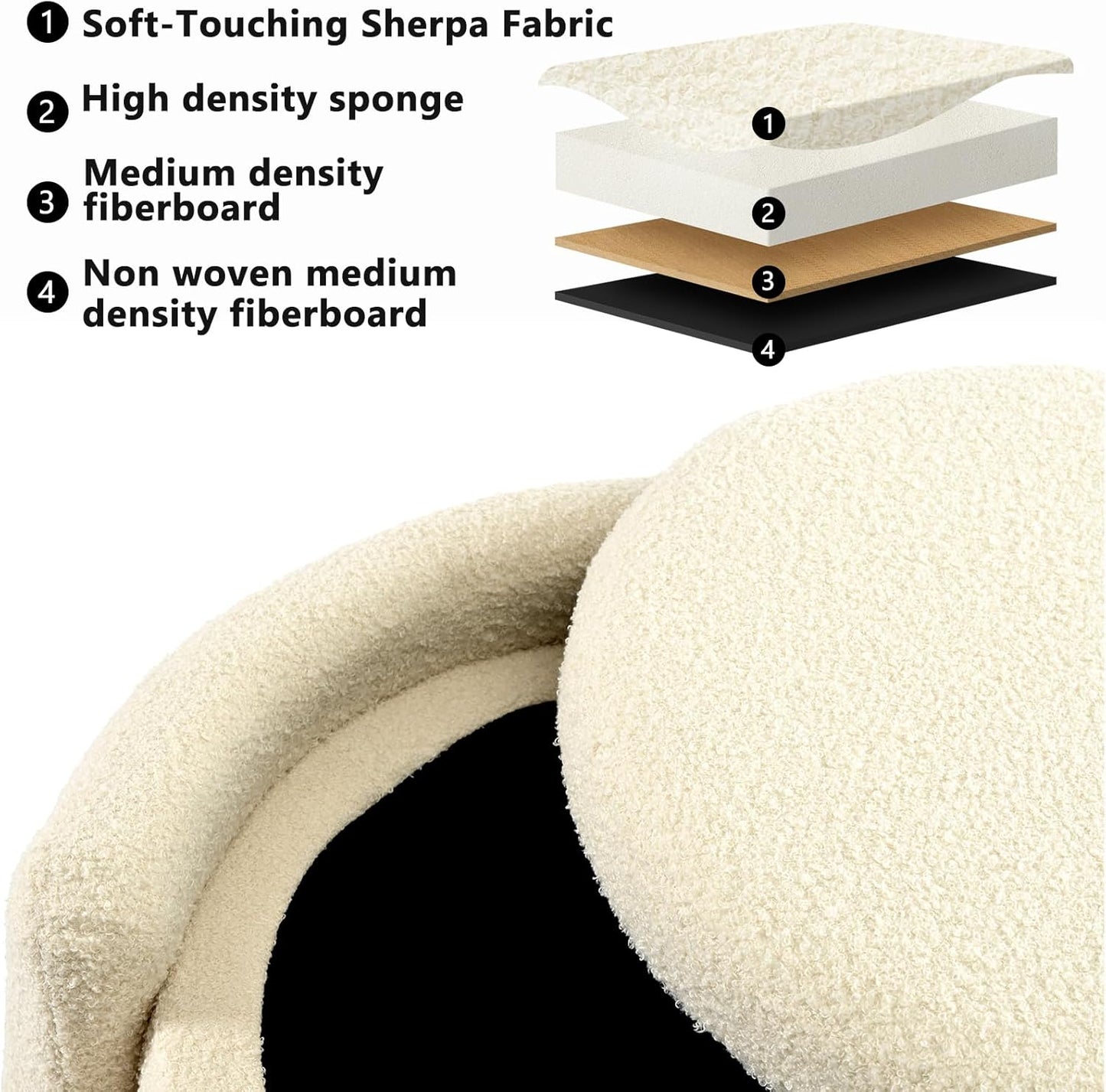 Furniliving Upholstered Button Tufted Round Ottoman, Ottoman with Storage, Teddy Footrest Stool, Removable Lid Convenient Footstools, Bedroom Ottomans with Storage for Vanity, Living Room, Beige