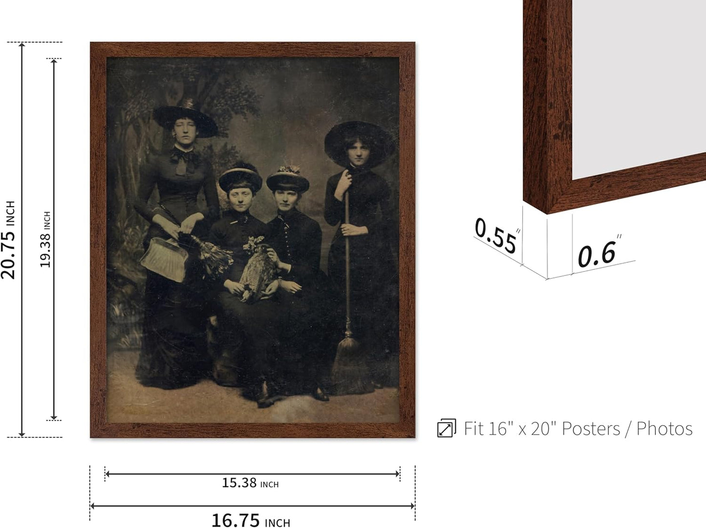 Poster Master Vintage Photograph Poster - Retro Halloween Print - Gift for Artist, Friend - Four Witches Wearing Robes, Sabbath, Coven, Sorcery - Wall Decor for Home, Office, 16x20 Brown Framed