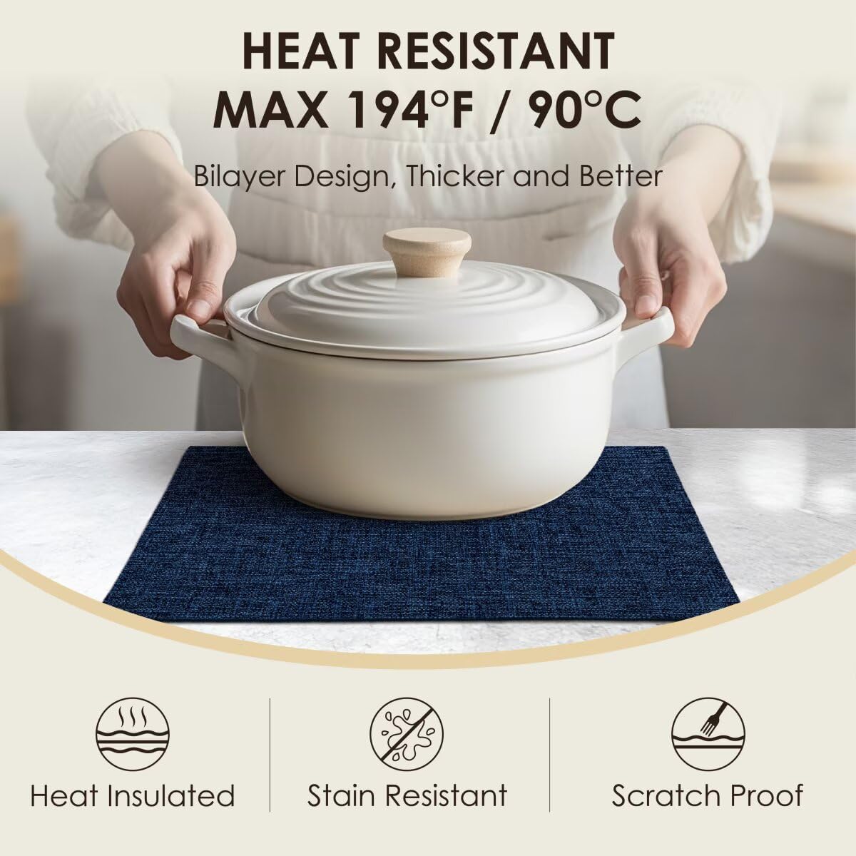 Placemats Set of 4, Bilayer Thickened Linen Place Mats Heat Resistant Machine Washable Wrinkle Free Carefully Selected Polyester Mats for Kitchen/Dining/Coffee Table (Navy Blue)