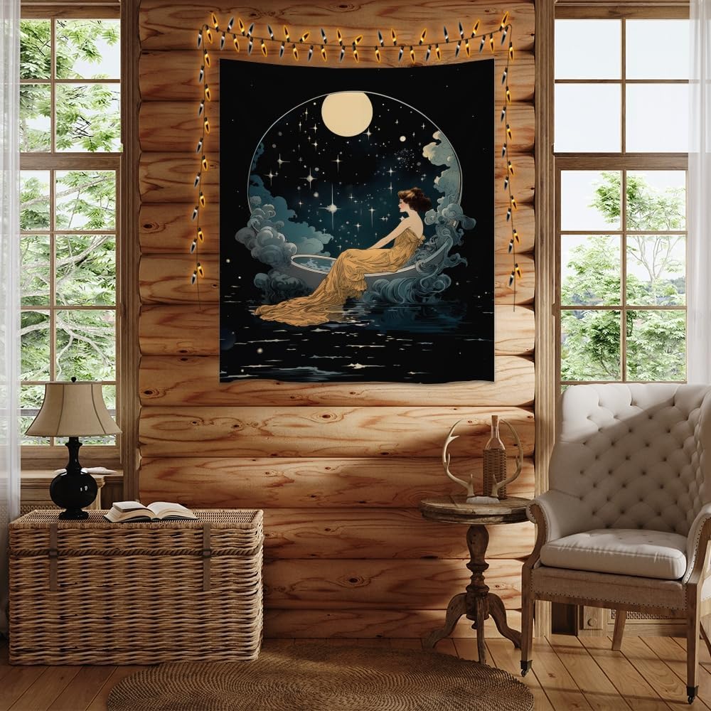 Dark Academia Tapestry Celestial Moonlit Bathing Lady Print Trendy Aesthetic Gothic Wall Hanging Vintage Art Nouveau Tapestries Wall Decor for Bedroom Living Room Dorm 70x90inch