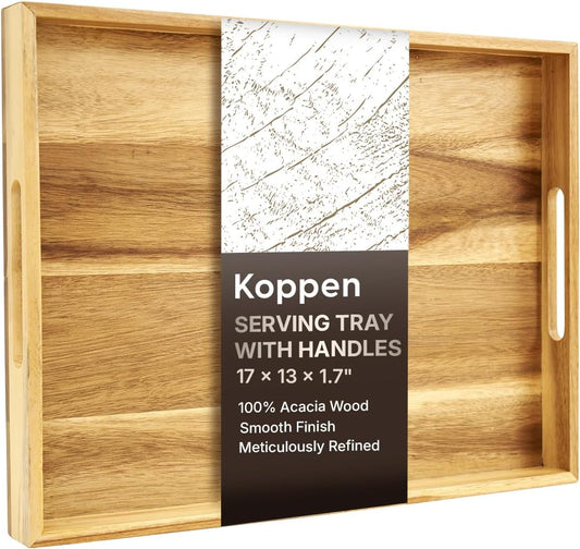 Koppen Acacia Wood Serving Tray with Handles, 17" x 13.86", Large Wooden Platter for Breakfast, Ottoman Tray for Party, Snacks, Fruit, Coffee Table, Living Room, Sofa, Bed, Outdoor