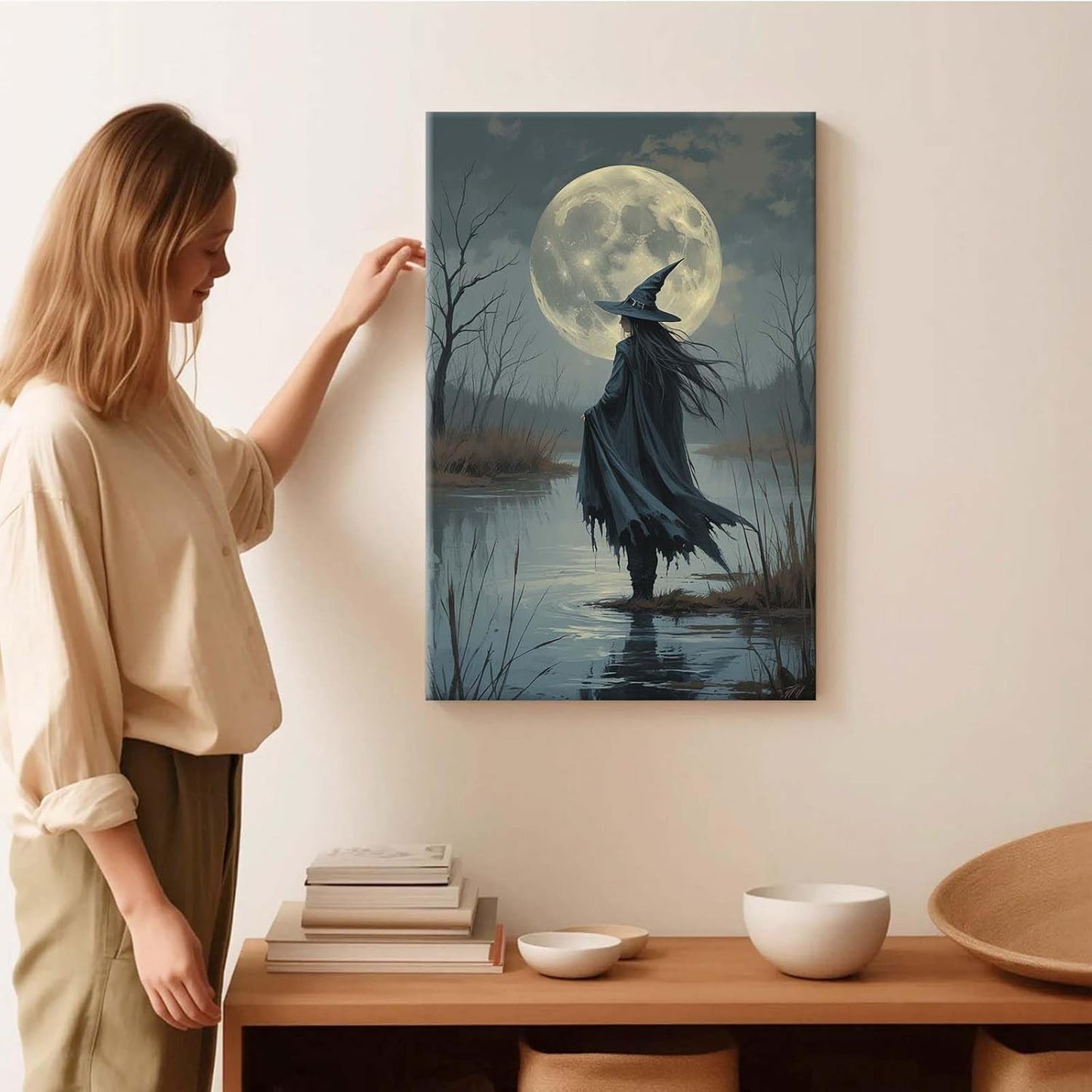 JFHCQJPK Witch in the moonlight magic canvas wall art enchanting Halloween home decor swamp witch silhouette oil painting mysterious gothic aesthetic wall decor print poster32x48in Frameless