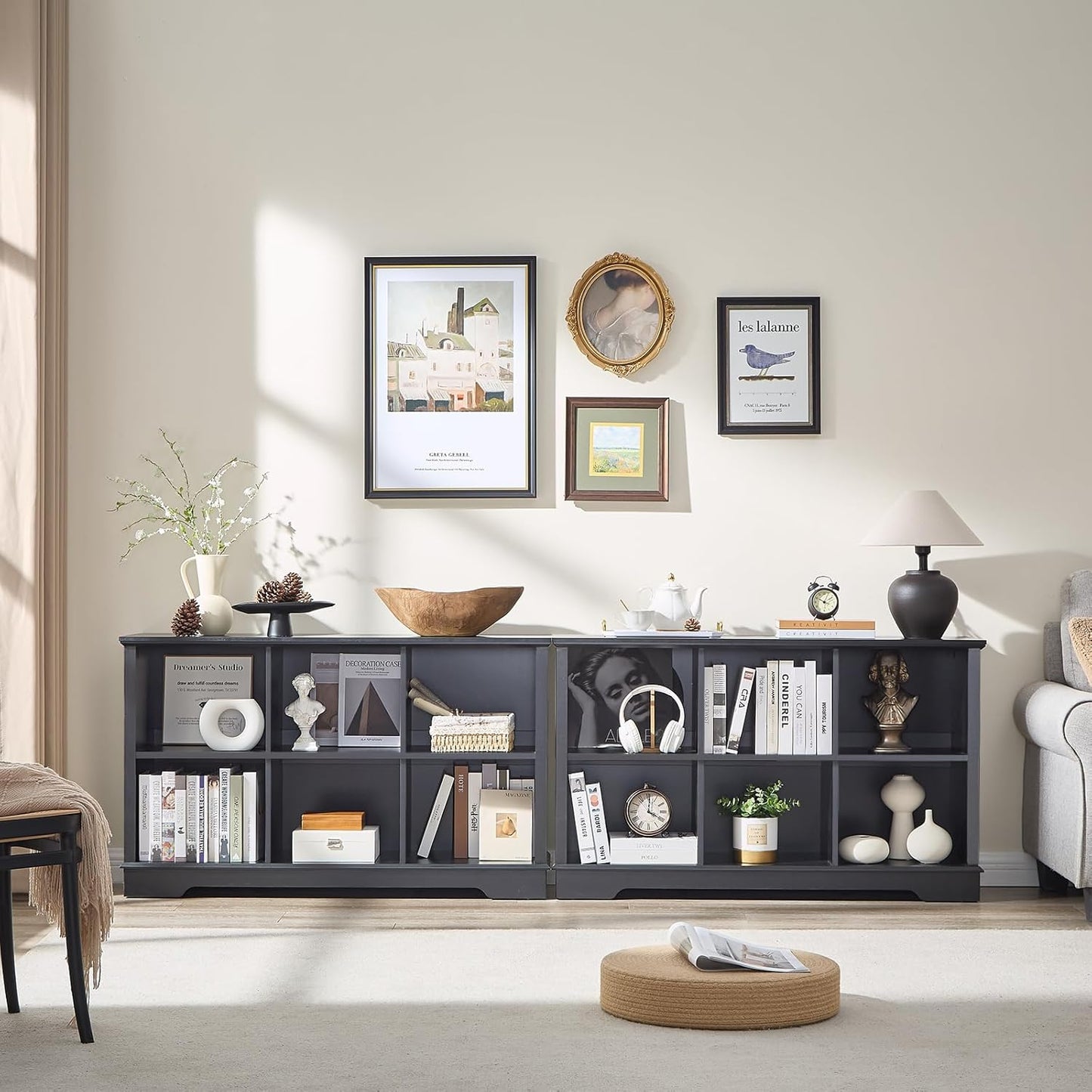 Farmhouse 6 Cube Bookshelf, Black Storage Organizer Bookcase, Kids Toy Storage Cabinet, Long Bookshelves Storage Organizer Shelf, Wood Display Cabinet Book Shelves for Bedroom,Living Room,Office