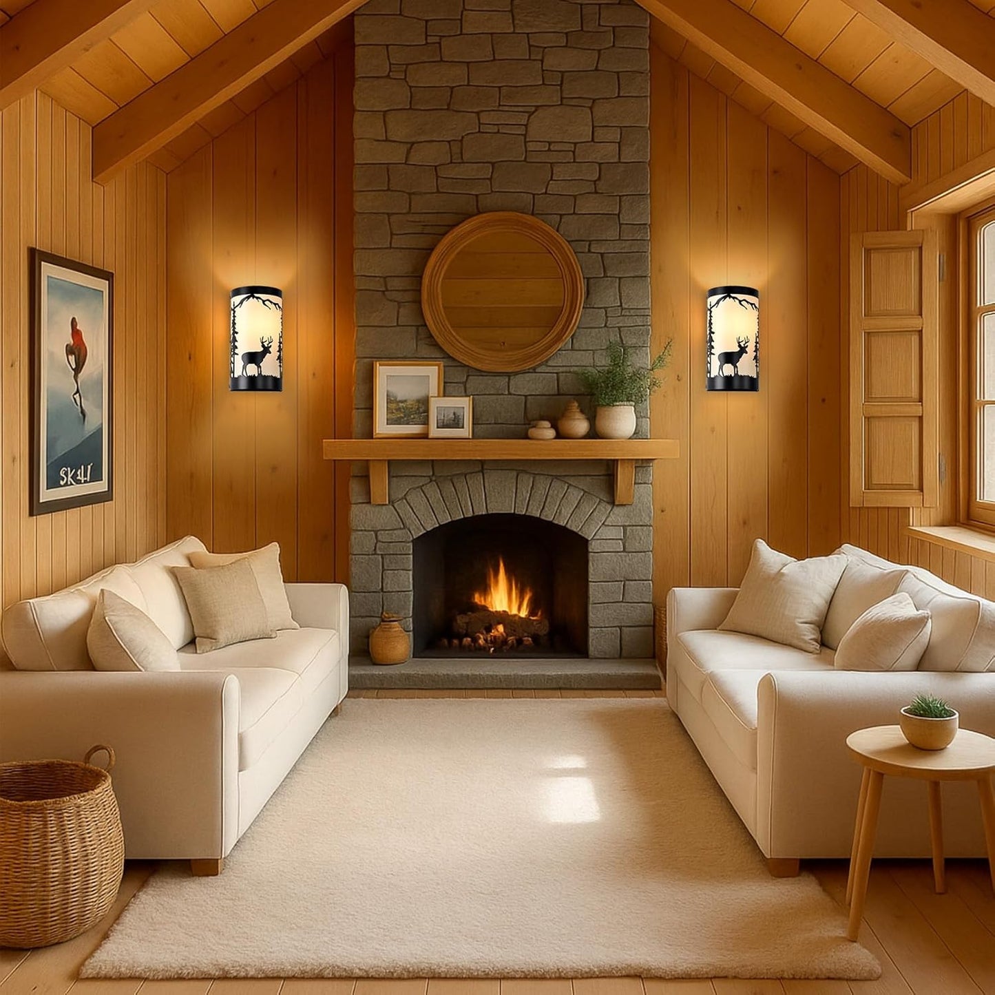 Wall Sconces Set of Two,Deer Cream White Parchment Rustic Wall Sconces,Farmhouse Black Sconce Light,Industrial Metal Indoor Wall Light Fixtures,Wall Lamps for Bedroom,Living Room,Hallway