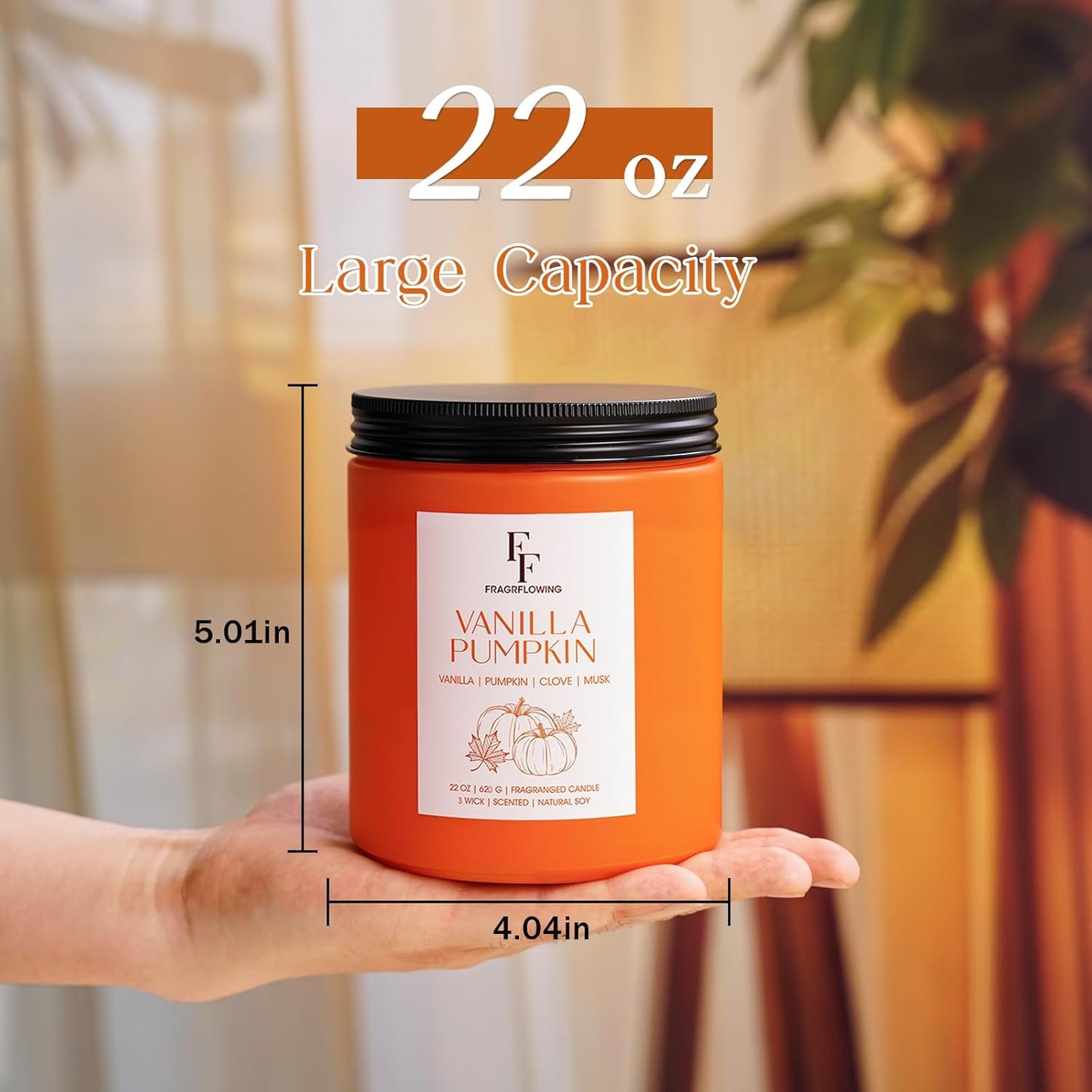 Large Fall Candle Vanilla Pumpkin Scented, 3-Wick 22oz Long Lasting Scented Candle, Natural Soy Wax Aromatherapy Candle for Home, Autumn Candle Gifts for Women Men