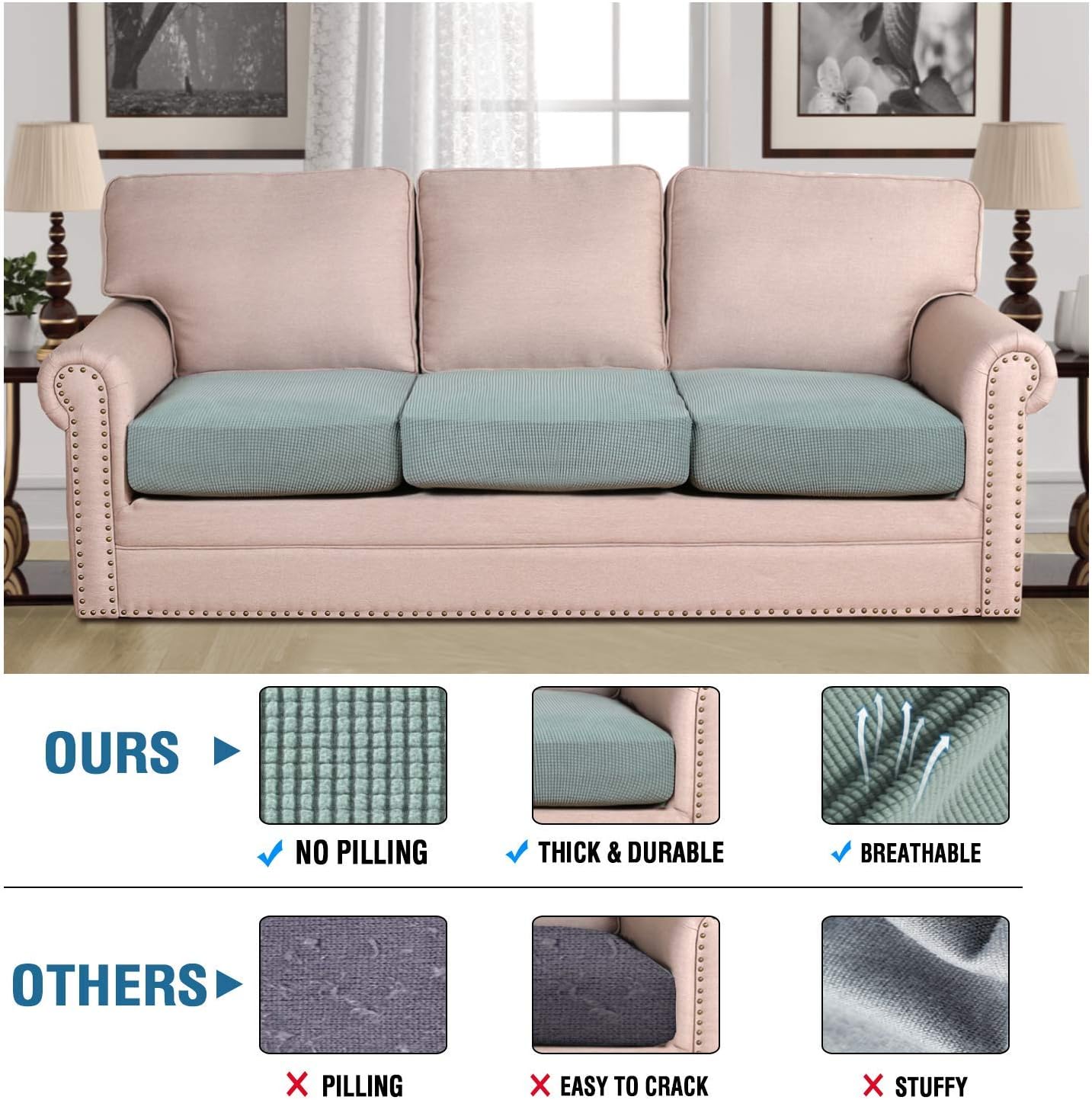 H.VERSAILTEX Super Stretch Individual Seat Cushion Covers Sofa Covers Couch Cushion Covers Slipcover Sets Thick Jacquard Textured Twill Fabric (3 Piece Sofa Cushion Covers, Sage)