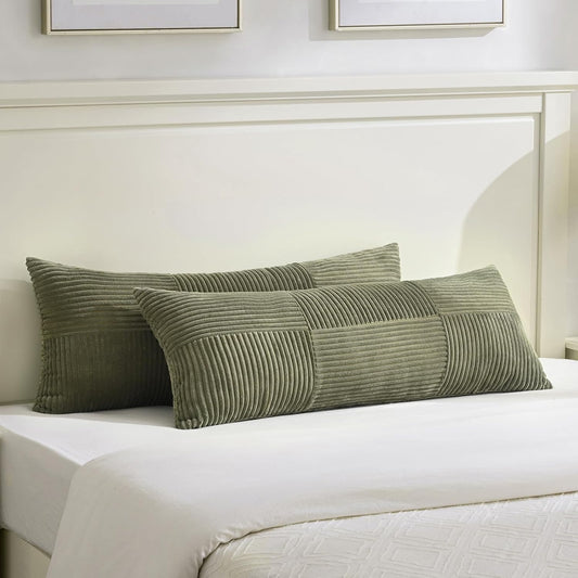 Fancy Homi Set of 2 Olive Green Boho Long Lumbar Body Decorative Throw Pillow Cover 14x36 Inch for Bed Couch Bedroom Bench, Soft Patchwork Corduroy Textured Pillow Case, Rustic Farmhouse Room Décor