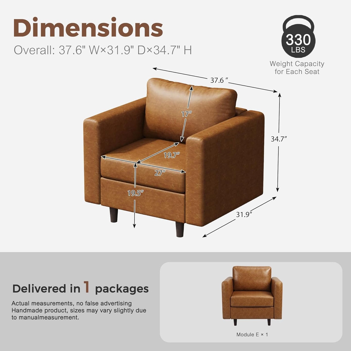 Faux Leather Single Sofa, Modern Accent Chair Brown with Storage Deep Seat Large Reading Armchair for Living Room Bedroom Office