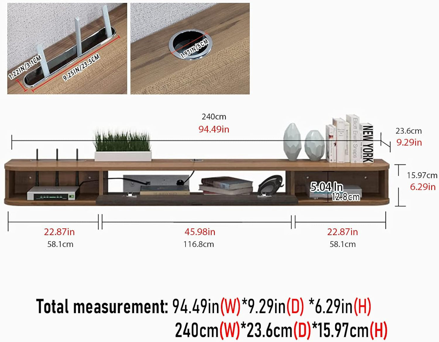 Pmnianhua Floating TV Shelf, 94'' Wall Mounted TV Stand Floating TV Console Media Entertainment Under TV Shelf for Bedroom Living Room (Walnut)