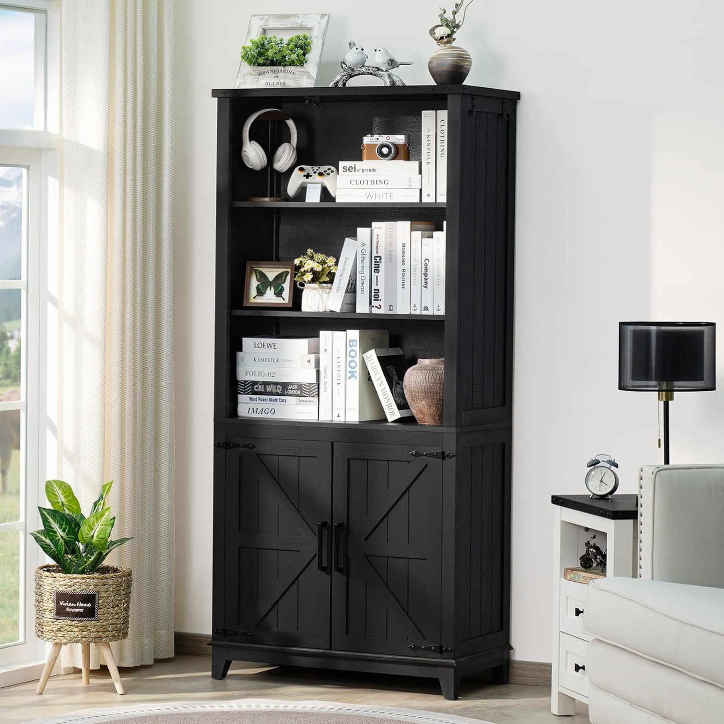 70in Tall Bookshelf 5 Tier Bookcase with Barn Doors and Adjustable Shelves, Black Farmhouse Book Shelf with Storage Cabinet, Wood Freestanding Display Bookshelves for Bedroom, Living Room
