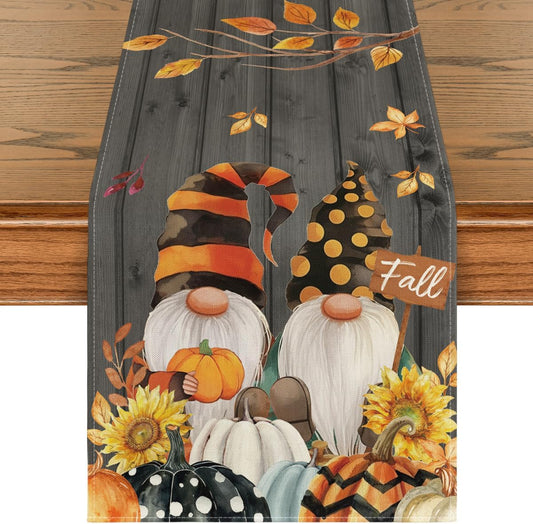 Artoid Mode Fall Gnomes Pumpkins Sunflower Maple Leaves Thanksgiving Table Runner, Seasonal Harvest Vintage Kitchen Dining Table Decoration for Indoor Outdoor Home Party Decor 13 x 36 Inch