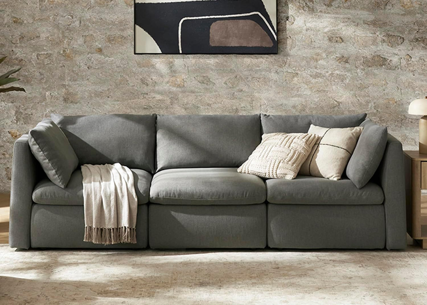 mopio Oversized Modular Sectional Sofa with Fully Removable Covers and Storage, Convertible U, L-Shaped and Sleeper Sectional, Modern Couches with Ottoman Chaise (Stone Gray Fabric, 3 Seater)