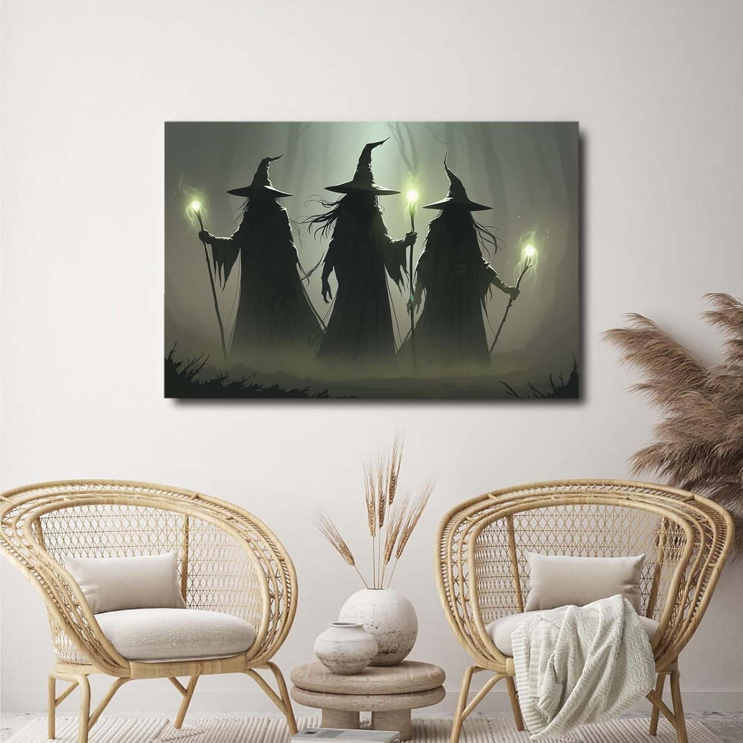 Vintage 3 witches canvas wall decor melancholy dark Halloween poster wall decor holding a staff print Gothic horror Halloween painting print for living room bedroom24x36in Wood Framed