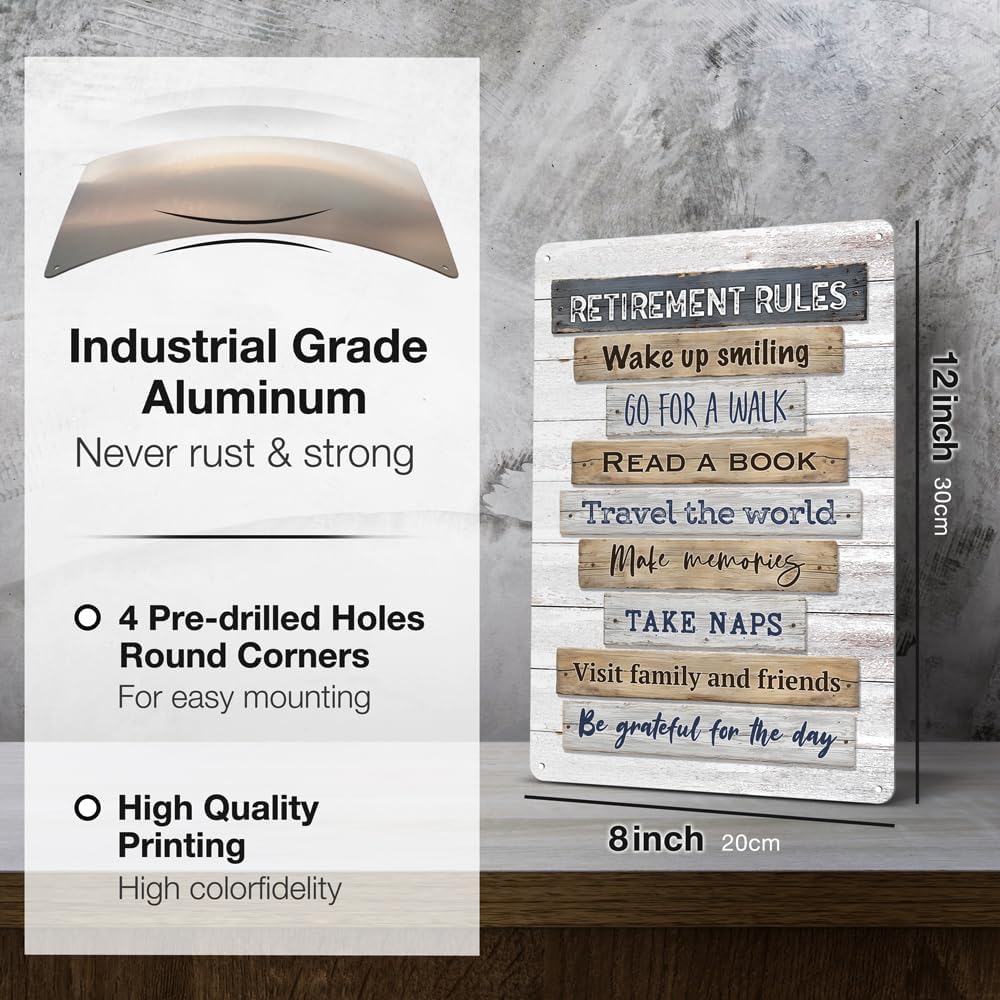 Heuhuww Retirement Gifts,Vintage Retirement Rules Metal Sign for Party Home Room Decorations Retiree Gift Ideas 12"x8"(H21)