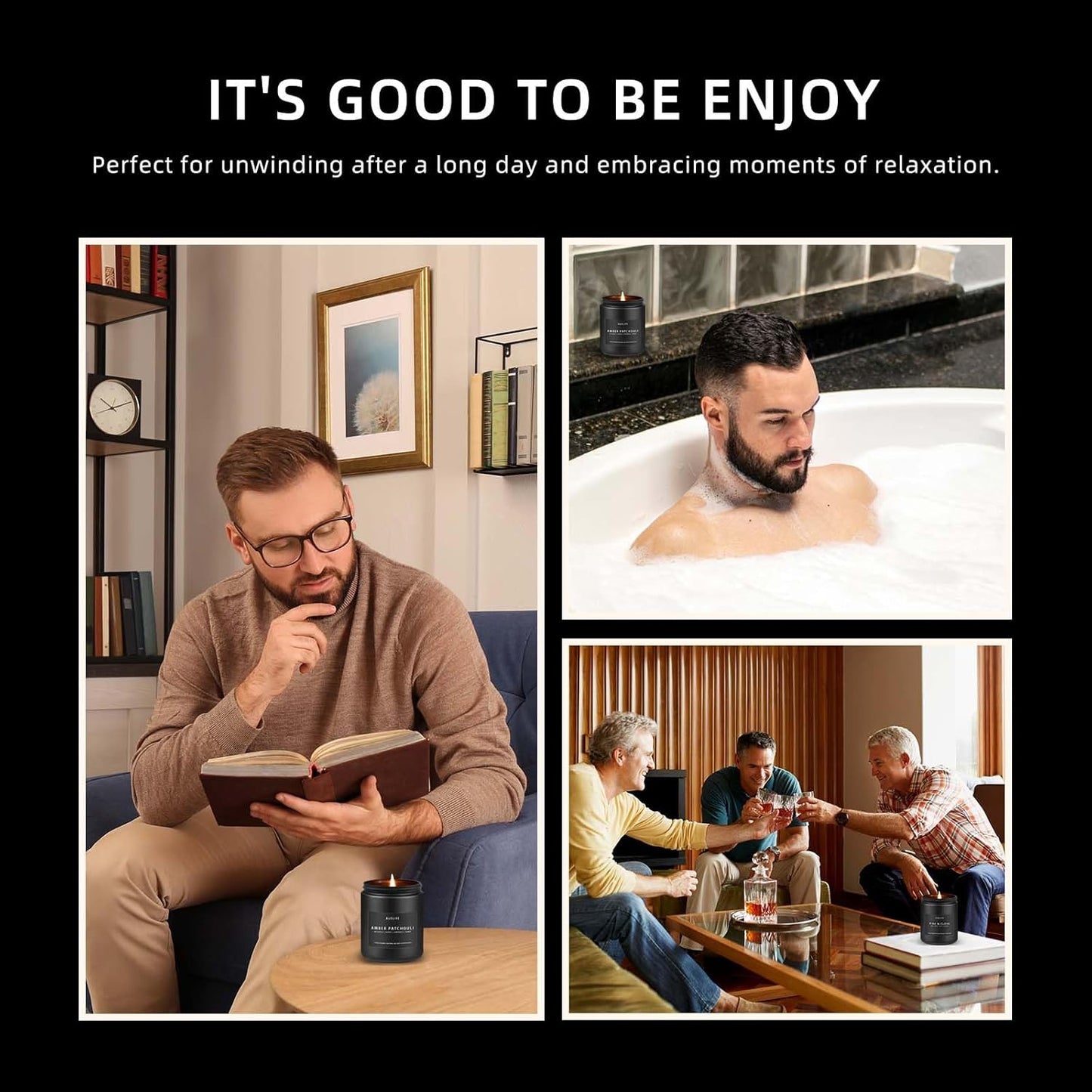 Amber & Patchouli Candle | Candles for Men - Scented Candles for Home, Gifts for Men - Soy Candle for Home Scented, Aromatherapy Manly Gift - 7oz Black Jar