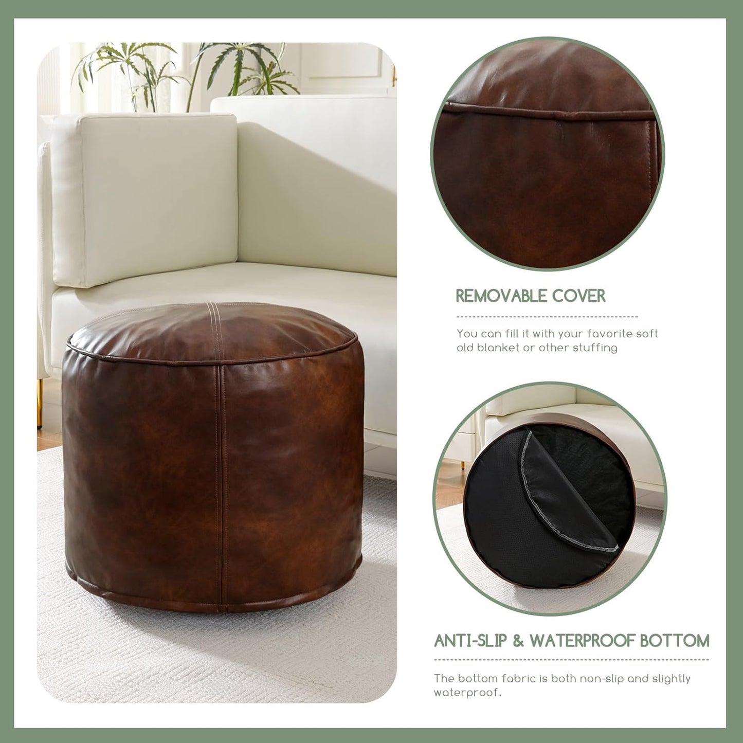 HIGOGOGO Round Stuffed Pouf Ottoman, Pu Leather Poufs with Foam Chunk Filling, Furry and Fluffy Pouf Foot Stool Storage Ottoman, 26 X 18 Floor Poufs Foot Rest for Living Room,Dark Brown
