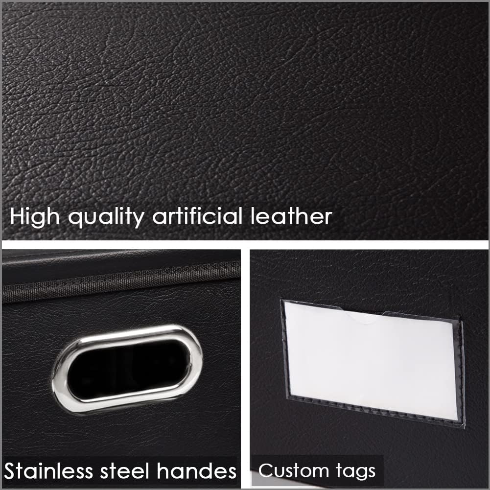 PRANDOM Collapsible Storage Box with Lid [1-Pack] Leather Fabric Foldable Storage Bin Organizer Container Basket Cube with Cover for Home Bedroom Closet Office Nursery Black (13.6x9.6x6.9)