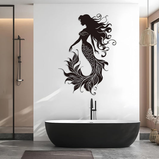 Veplsur Mermaid Metal Wall Art, Metal Mermaid Wall Decor, Marine Biology Wall Decor, Ocean Wall Art, Nautical Wall Hanging, Beach Hanging for Bathroom Bedroom (Black, 30"x21"|76x54cm)