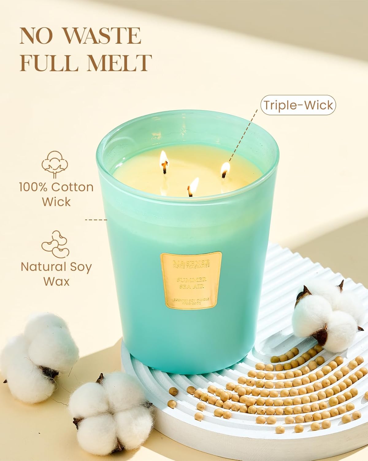 M&SENSE Summer Sea Air Scented Candle, 35 OZ Extra Large 3 Wick Natural Soy Wax Candles 150 Hours Long Lasting Slow Burning, Candles Gift for Spring Home Decor
