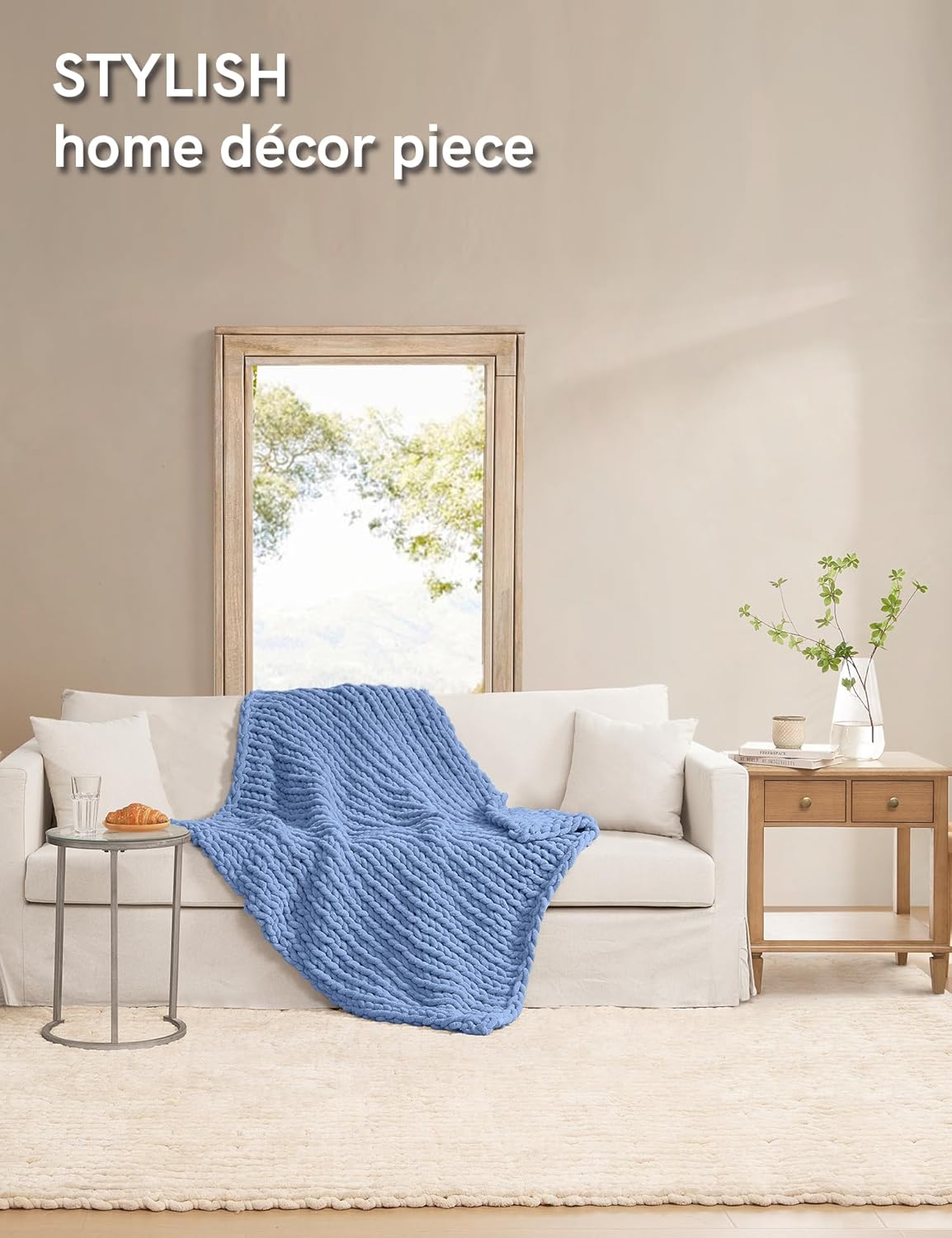 YnM Chunky Throw Blanket, Medium-Weight, Hand Knitted with Chenille Yarn, Skin Friendly, Ventilated and Breathable, Machine Washable, Home Décor Piece for Couch Sofa and Bed (Chambray Blue 80x87 Inch)