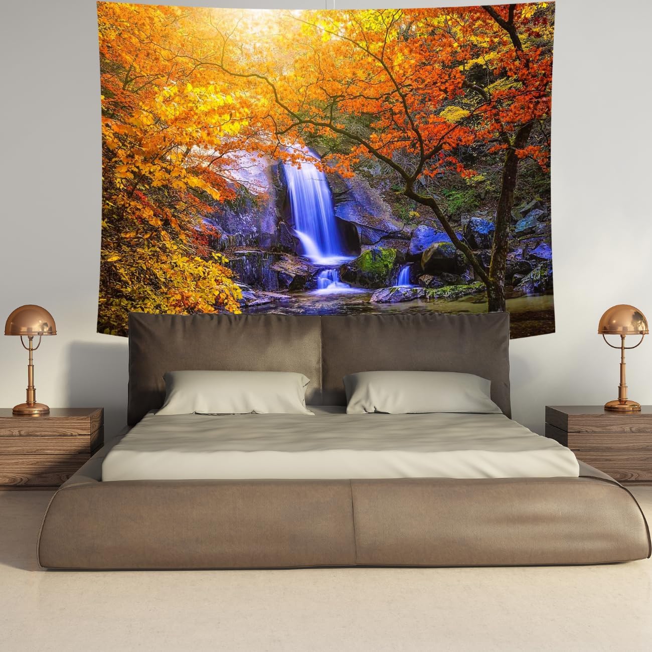 Delur Waterfall Tapestry Forest Nature Scenic Tree Mountain Sunset Tapestry Wall Hanging Natural Landscape Sunrise Headboard for Bedroom Living Room Home Decor (51.2" x 59.1")